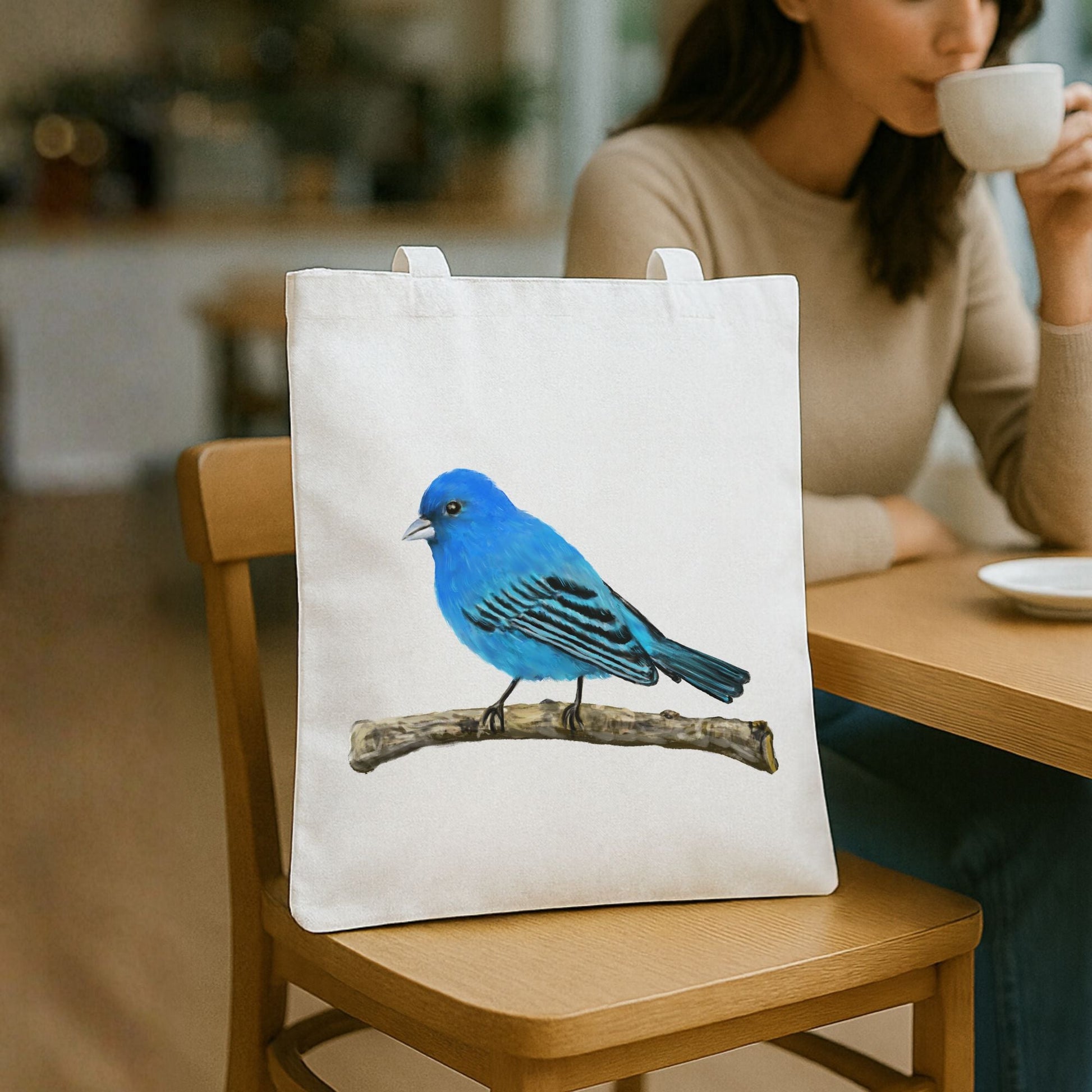 Canvas Tote Bag with Indigo Bunting Artwork - MerikaArt