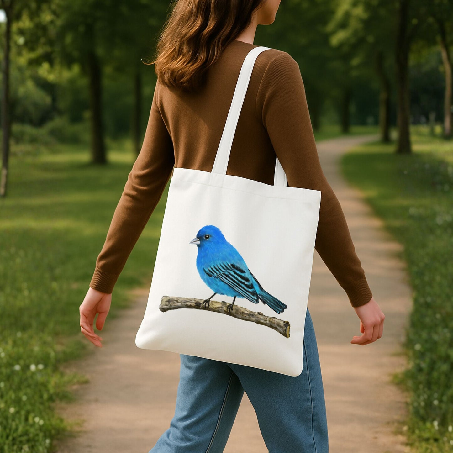 Canvas Tote Bag with Indigo Bunting Artwork - MerikaArt