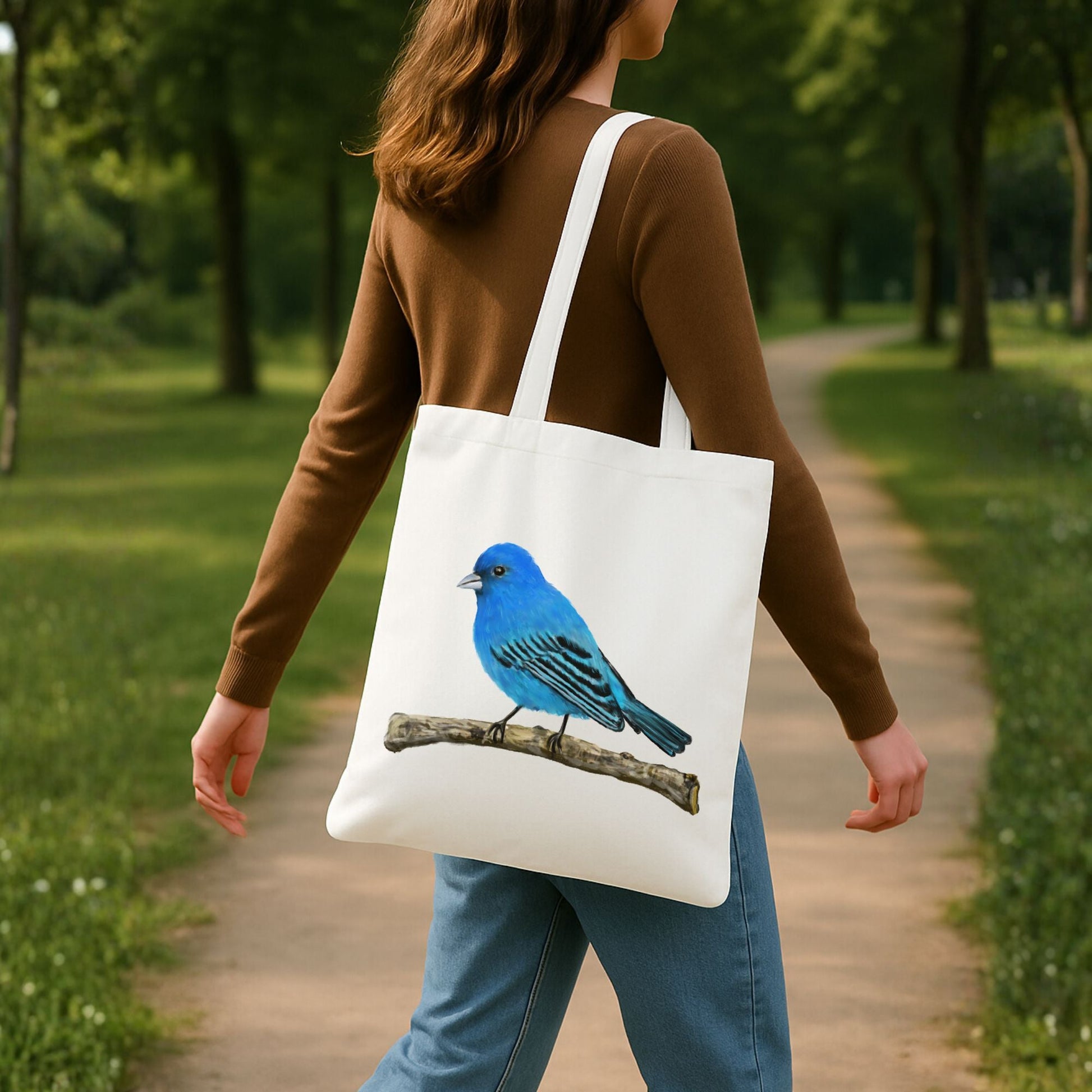 Canvas Tote Bag with Indigo Bunting Artwork - MerikaArt