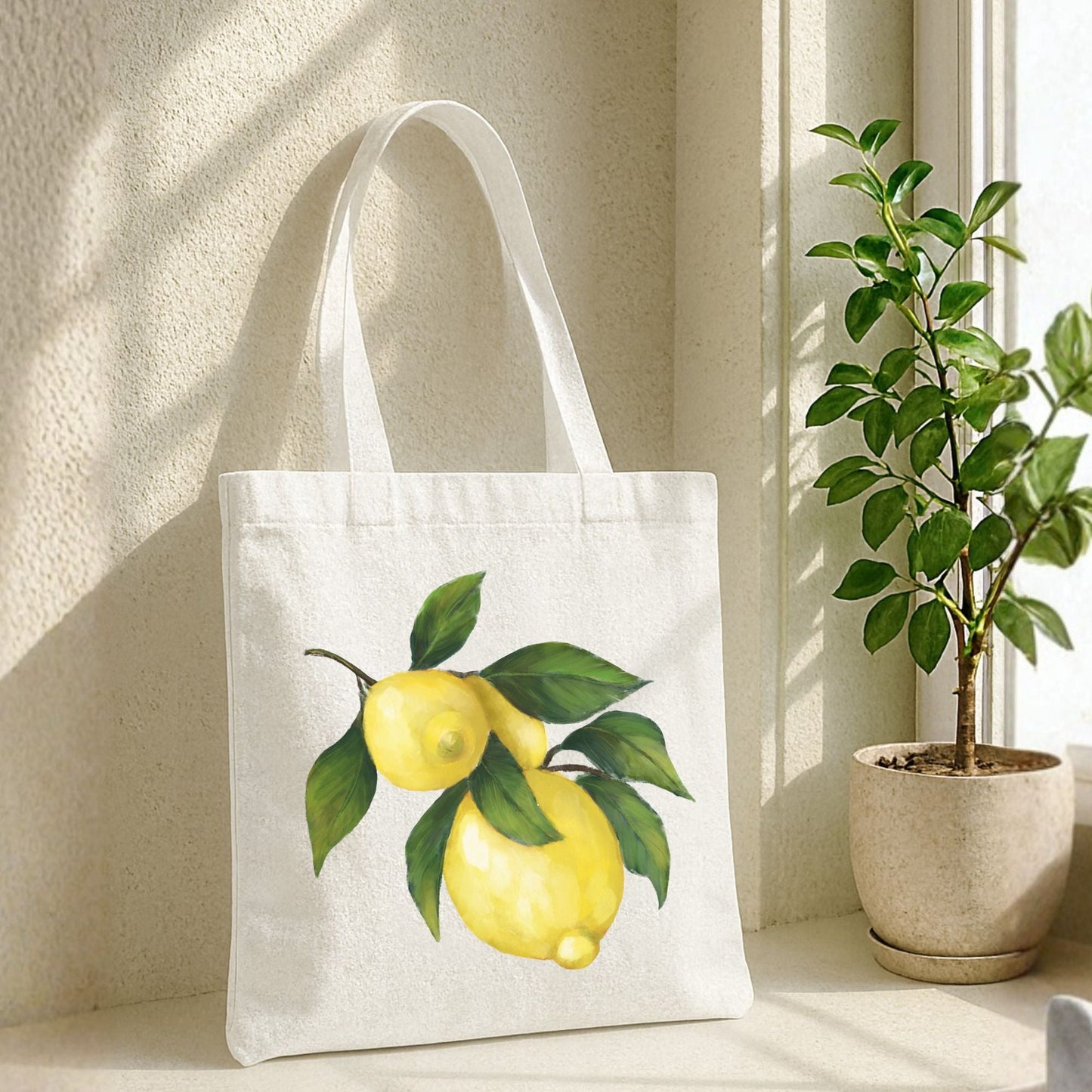 Canvas Tote Bag with Lemon Branch Artwork - MerikaArt