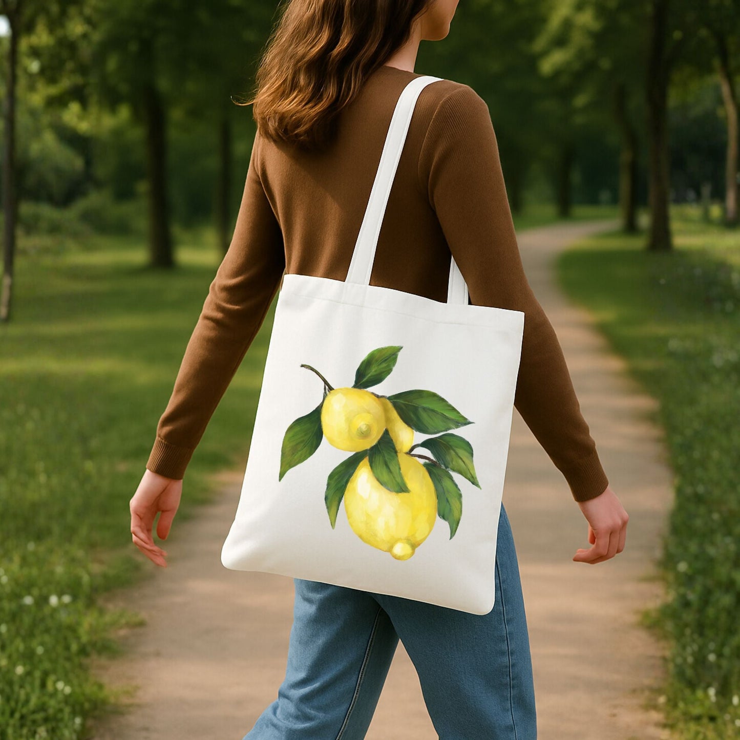 Canvas Tote Bag with Lemon Branch Artwork - MerikaArt