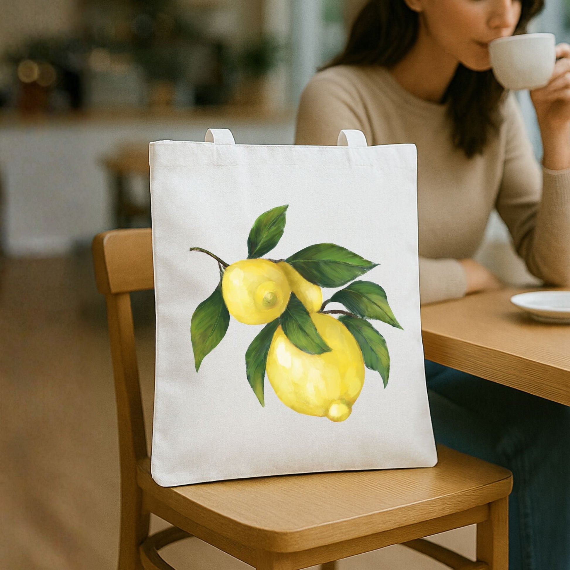 Canvas Tote Bag with Lemon Branch Artwork - MerikaArt