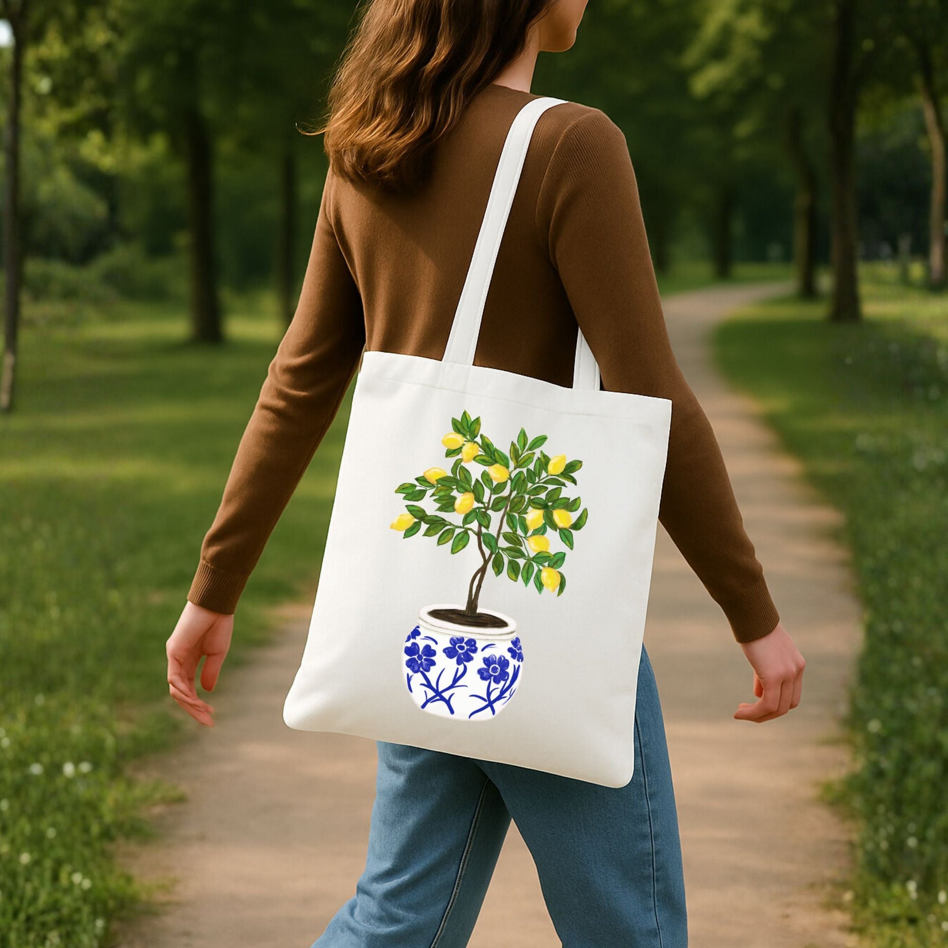 Canvas Tote Bag with Lemon Tree Artwork - MerikaArt