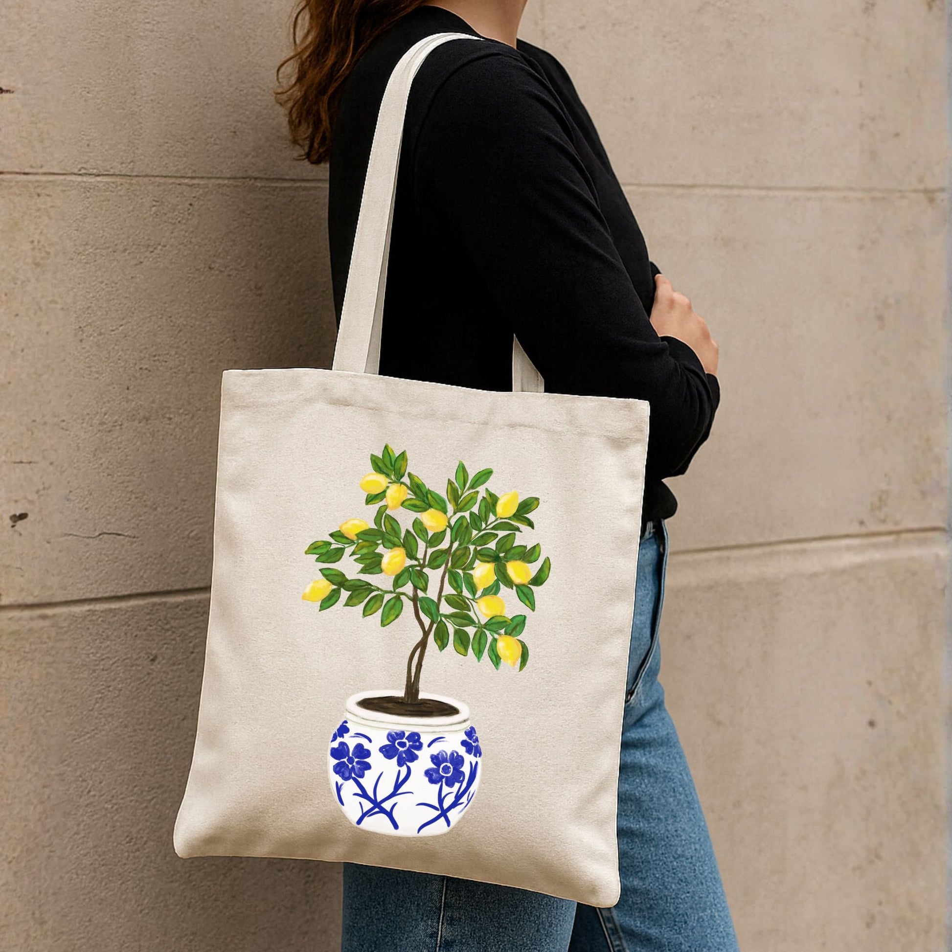 Canvas Tote Bag with Lemon Tree Artwork - MerikaArt
