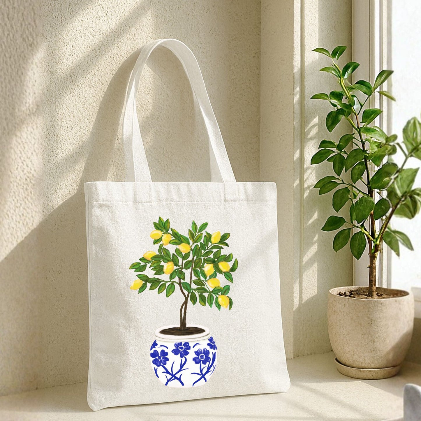 Canvas Tote Bag with Lemon Tree Artwork - MerikaArt
