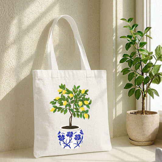 Canvas Tote Bag with Lemon Tree Artwork - MerikaArt