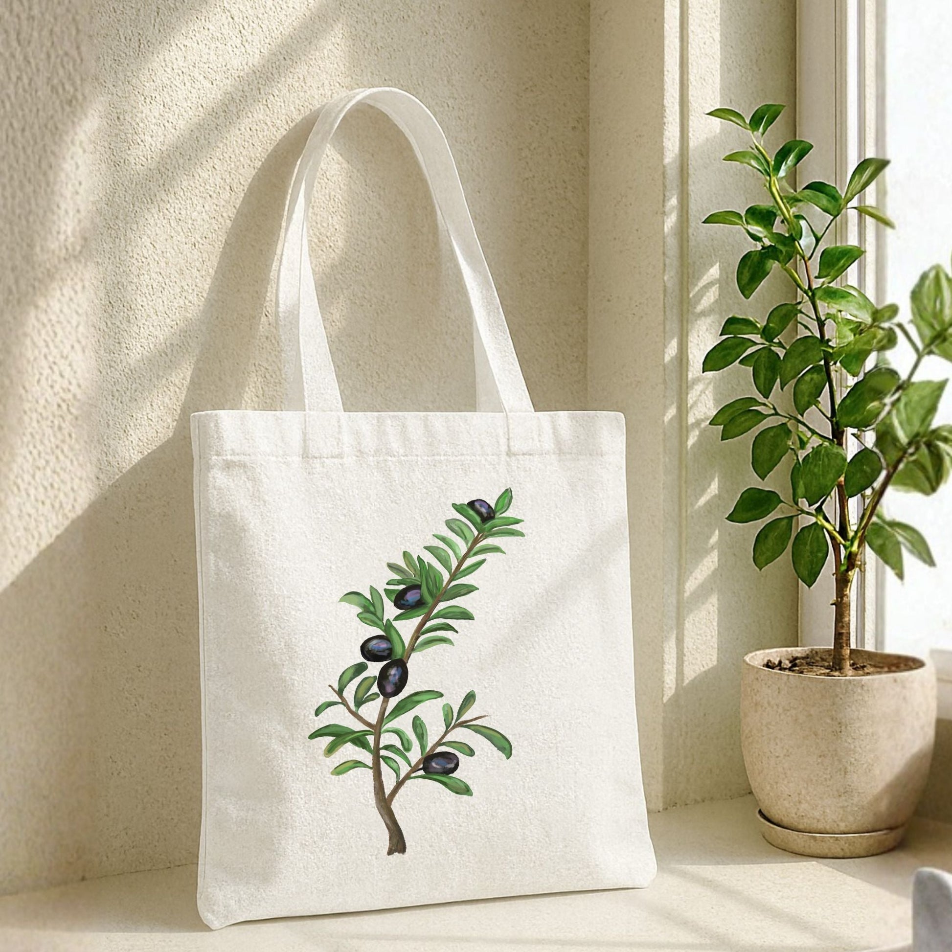 Canvas Tote Bag with Olive Branch Artwork - MerikaArt