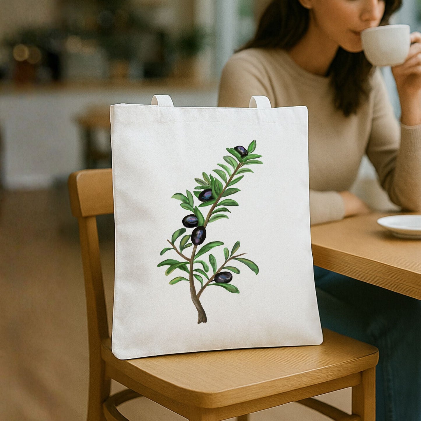 Canvas Tote Bag with Olive Branch Artwork - MerikaArt