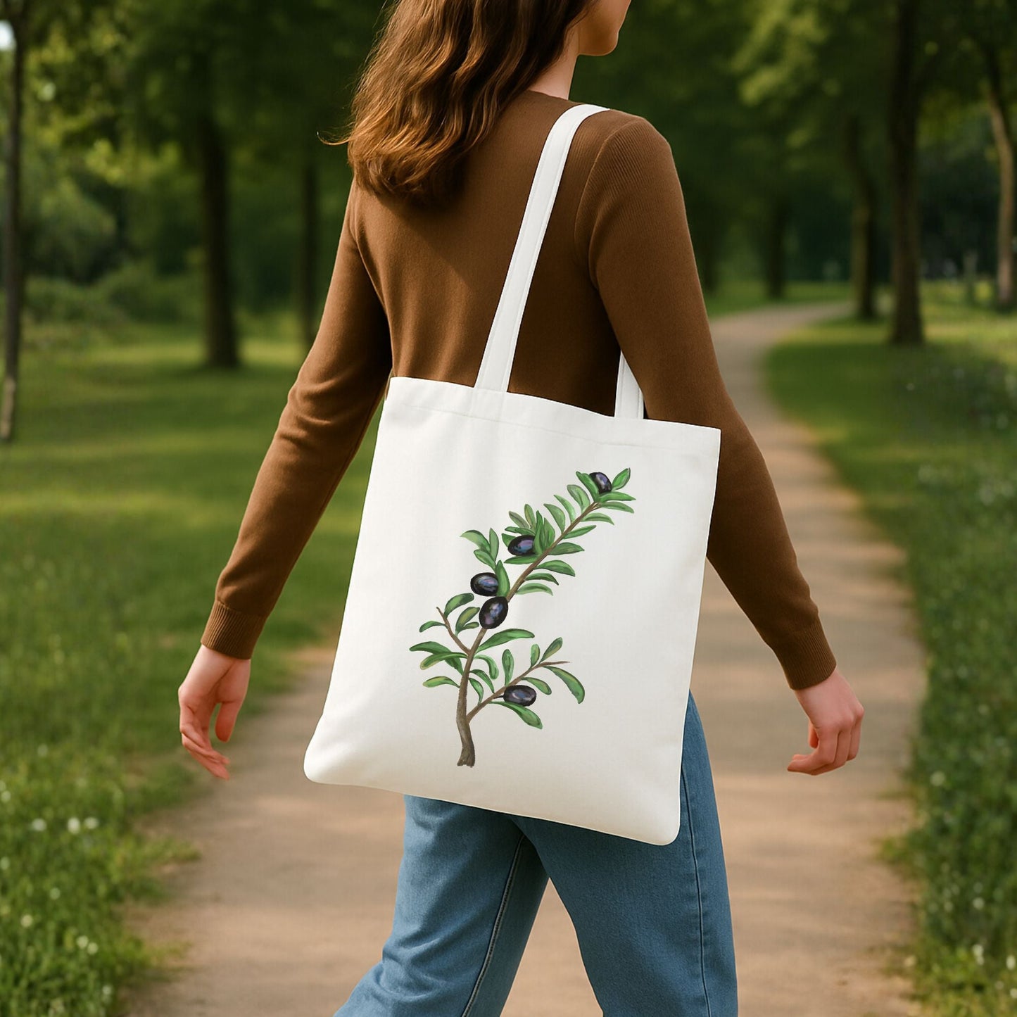 Canvas Tote Bag with Olive Branch Artwork - MerikaArt