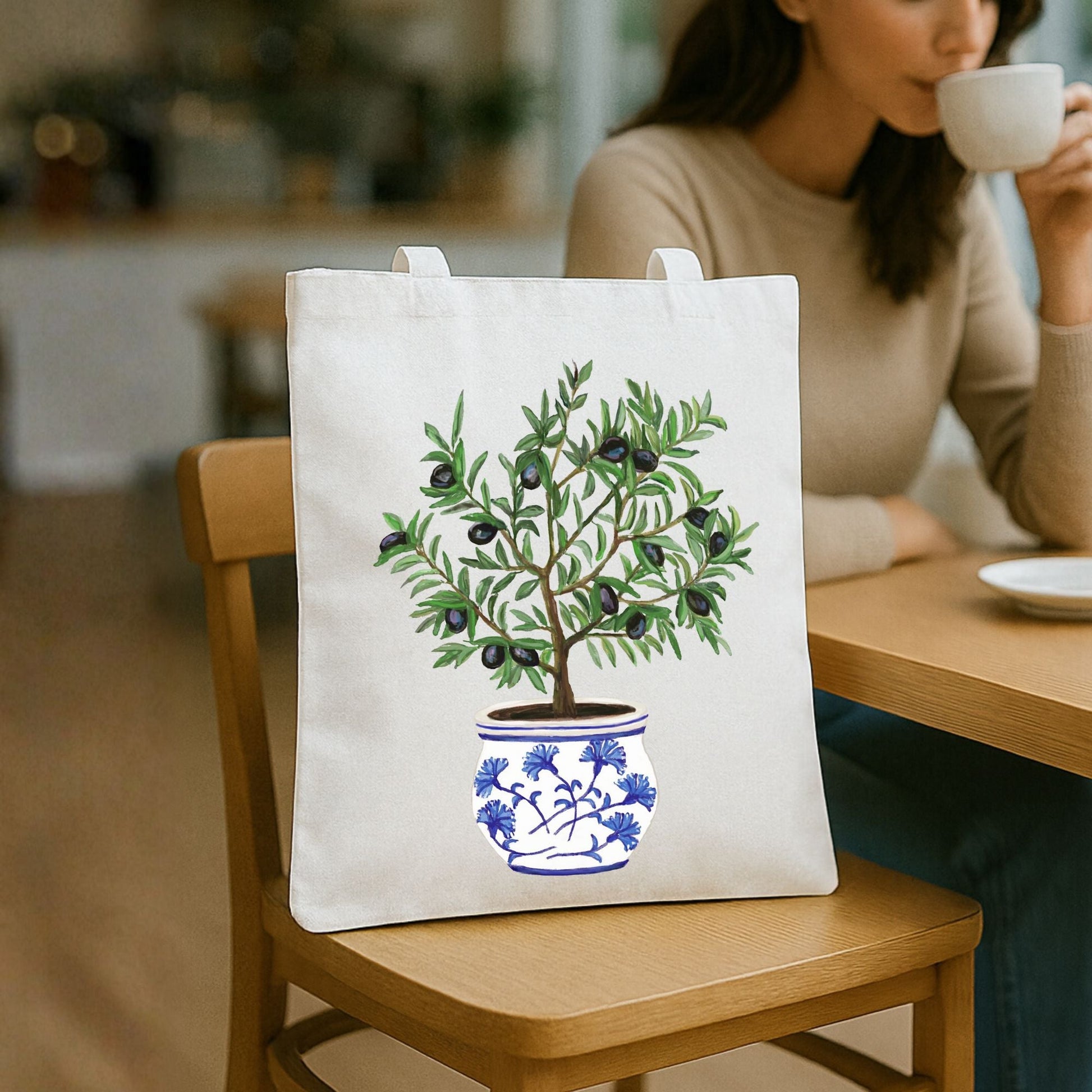Canvas Tote Bag with Olive Tree Artwork - MerikaArt