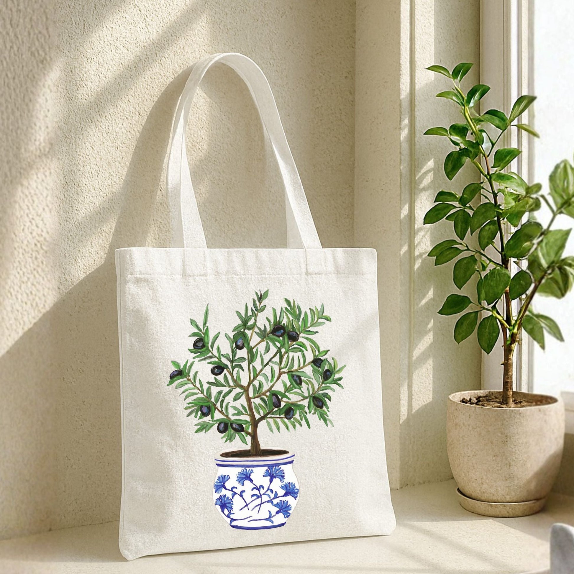 Canvas Tote Bag with Olive Tree Artwork - MerikaArt