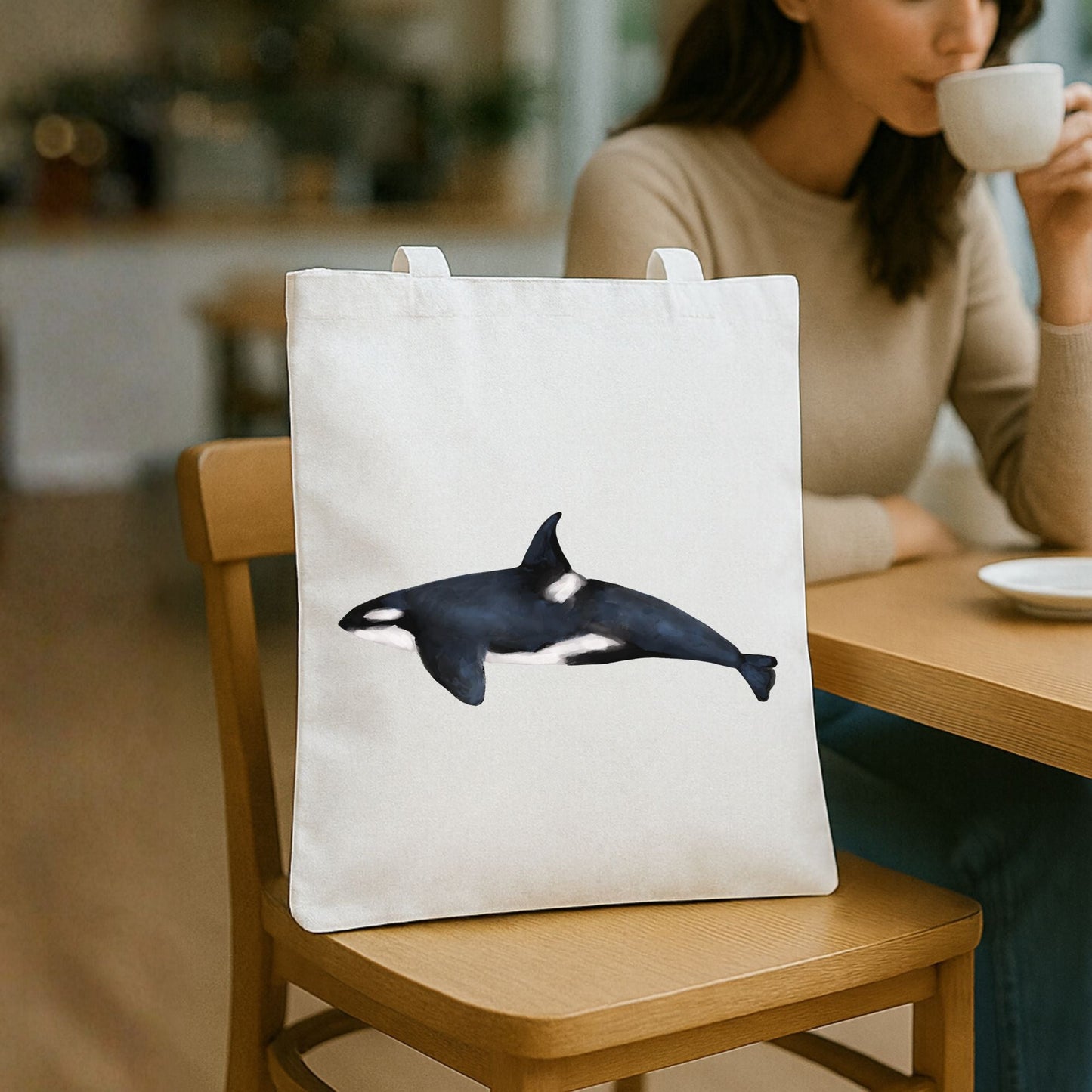 Canvas Tote Bag with Orca Illustration - MerikaArt