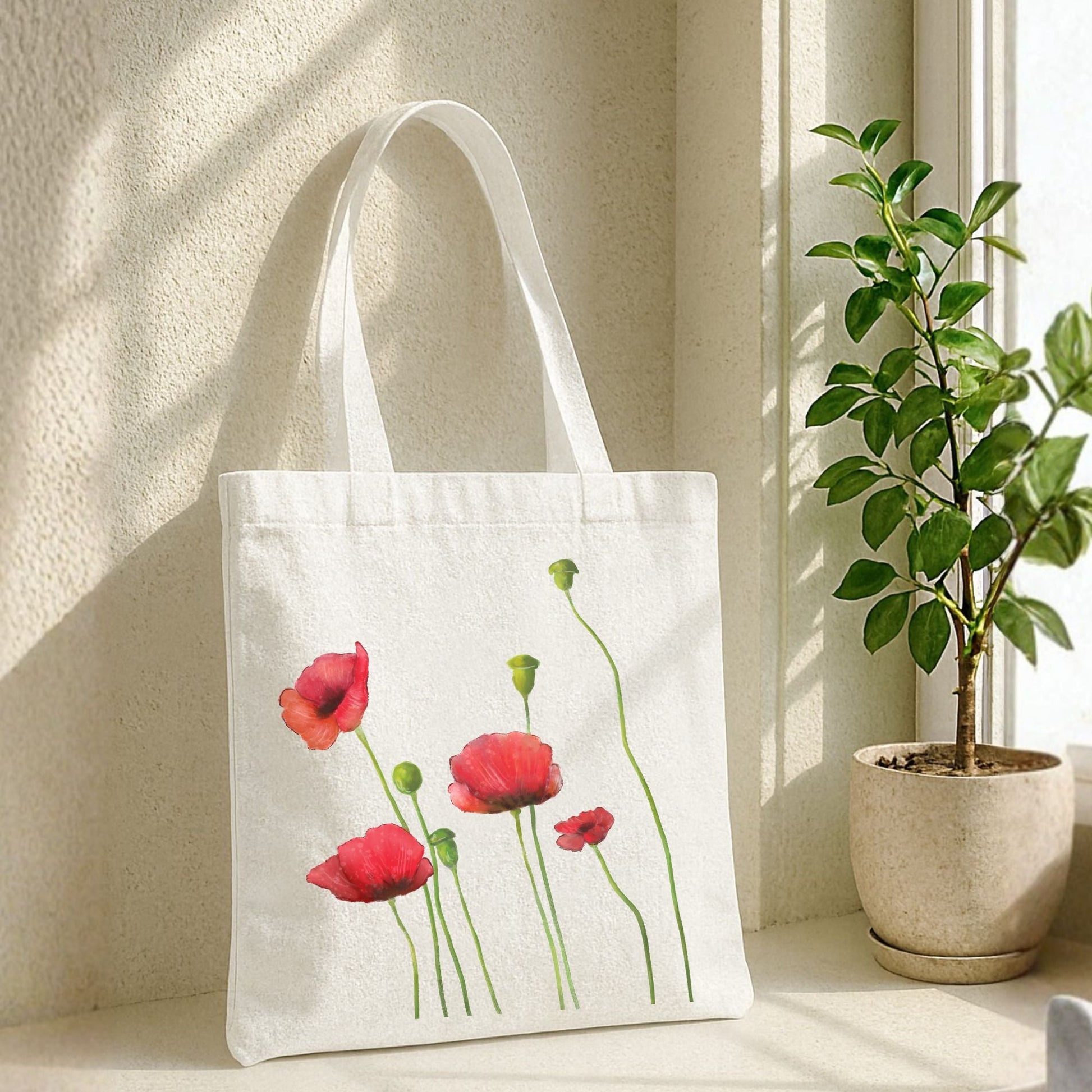 Canvas Tote Bag with Poppy Flower Artwork - MerikaArt