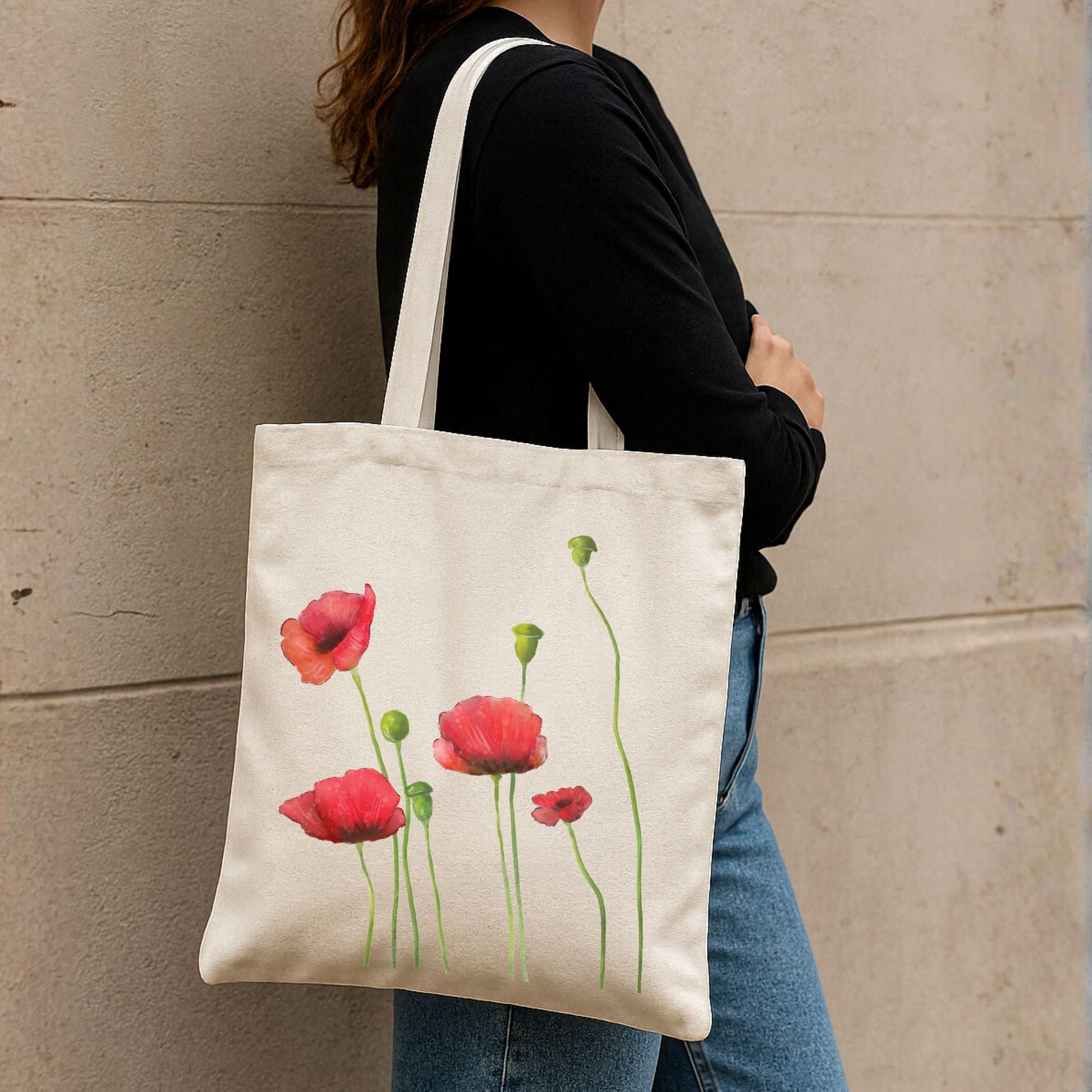 Canvas Tote Bag with Poppy Flower Artwork - MerikaArt