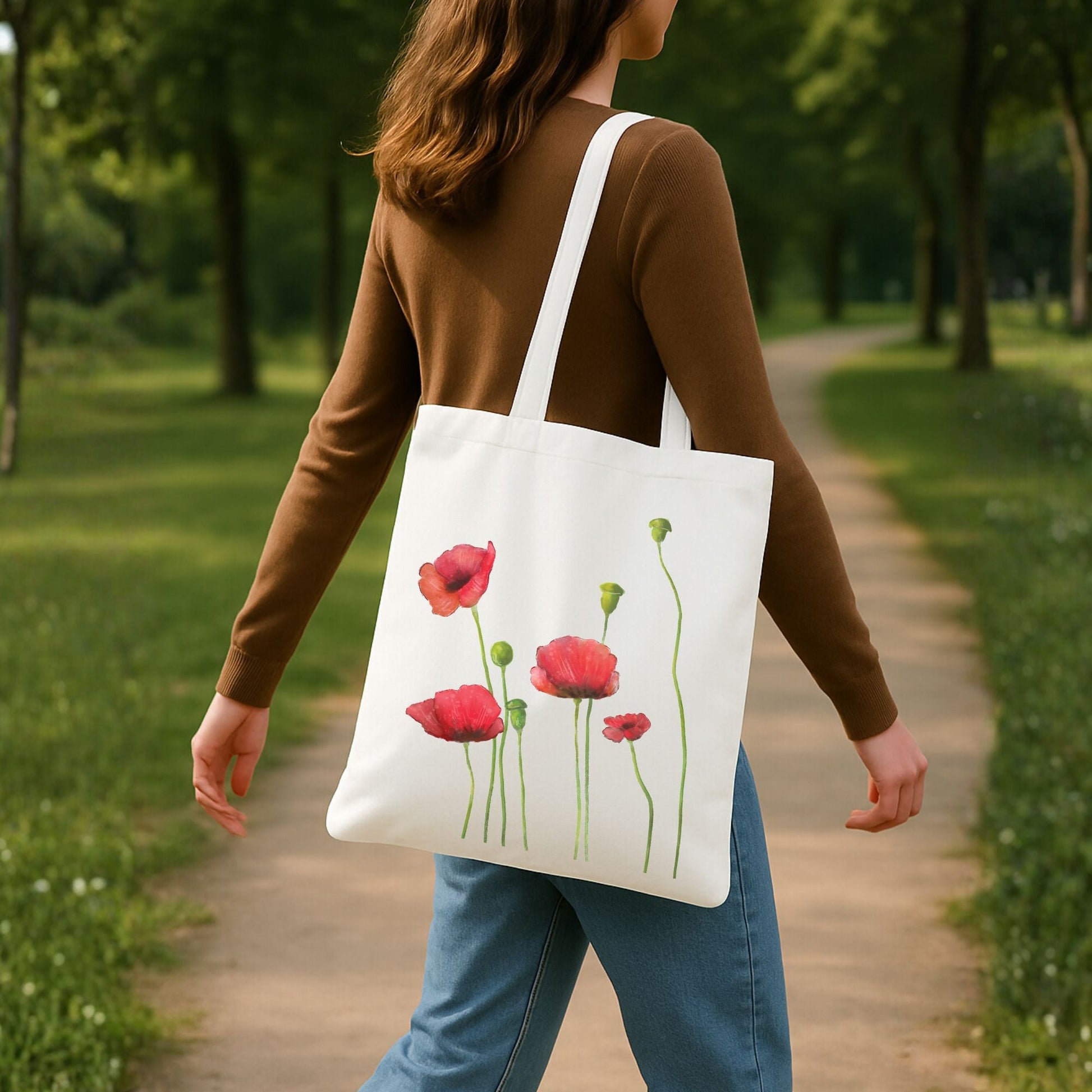 Canvas Tote Bag with Poppy Flower Artwork - MerikaArt