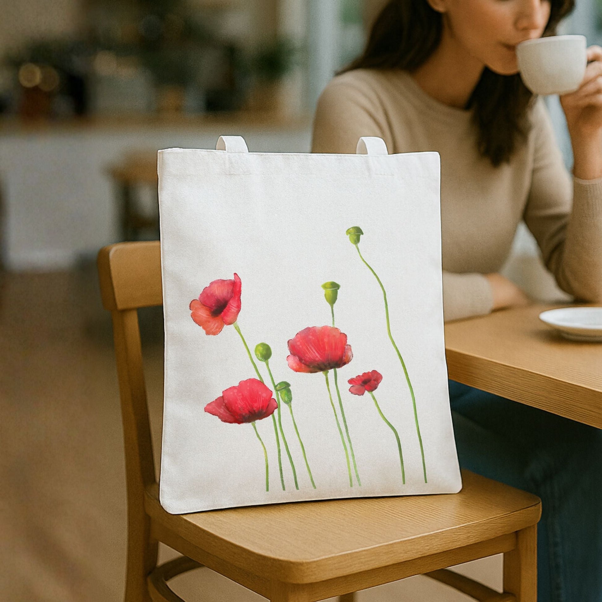 Canvas Tote Bag with Poppy Flower Artwork - MerikaArt