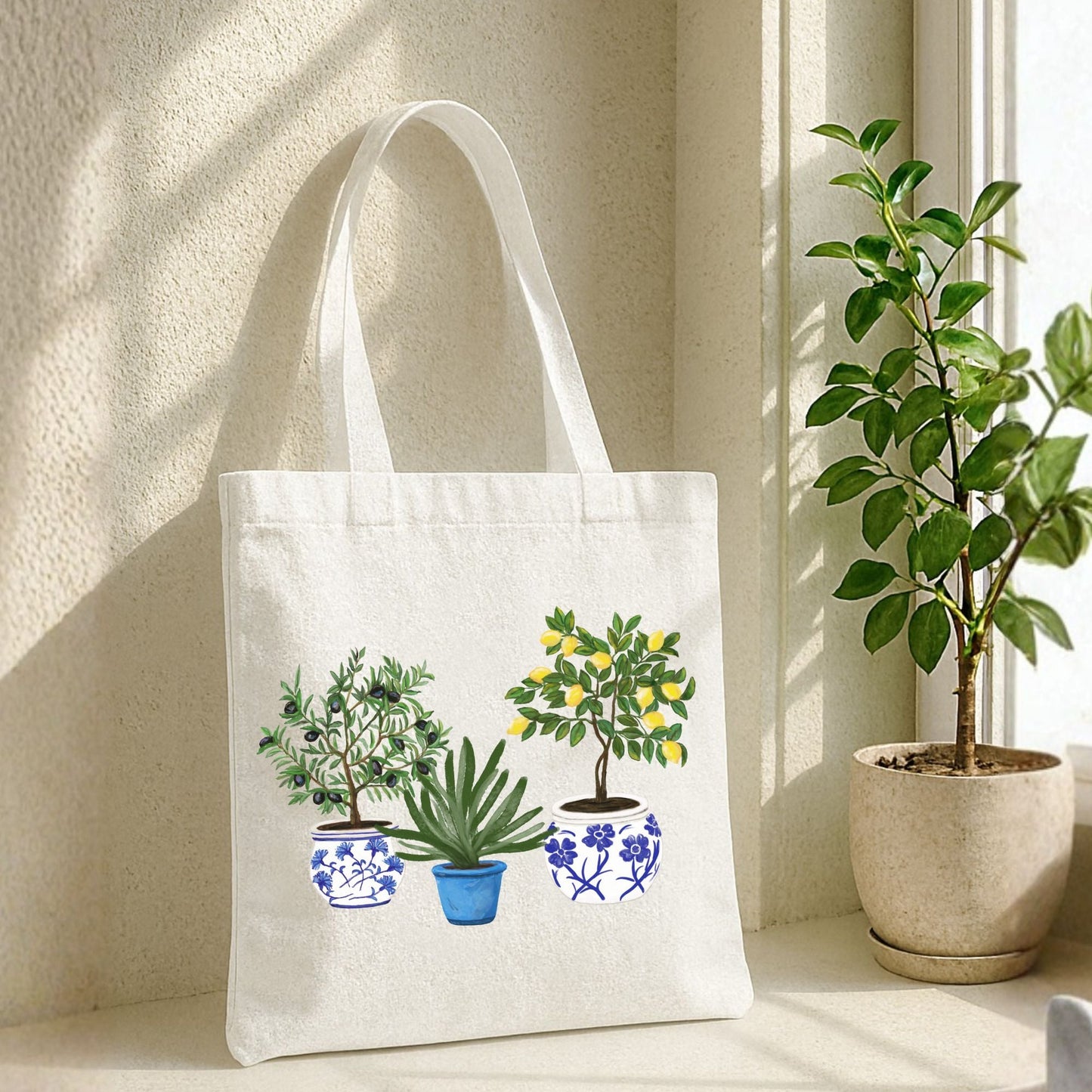 Canvas Tote Bag with Potted Plant Artwork - MerikaArt