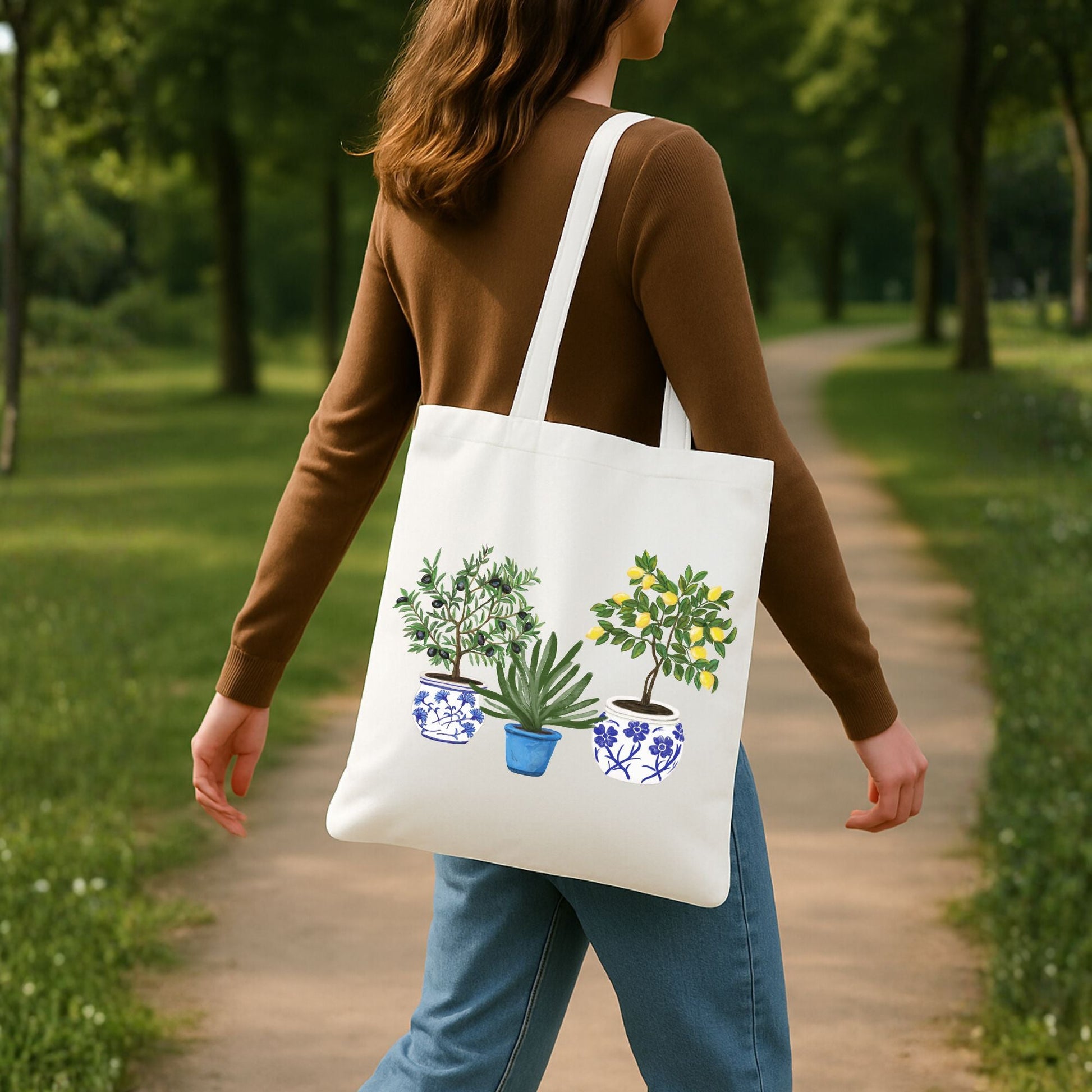 Canvas Tote Bag with Potted Plant Artwork - MerikaArt