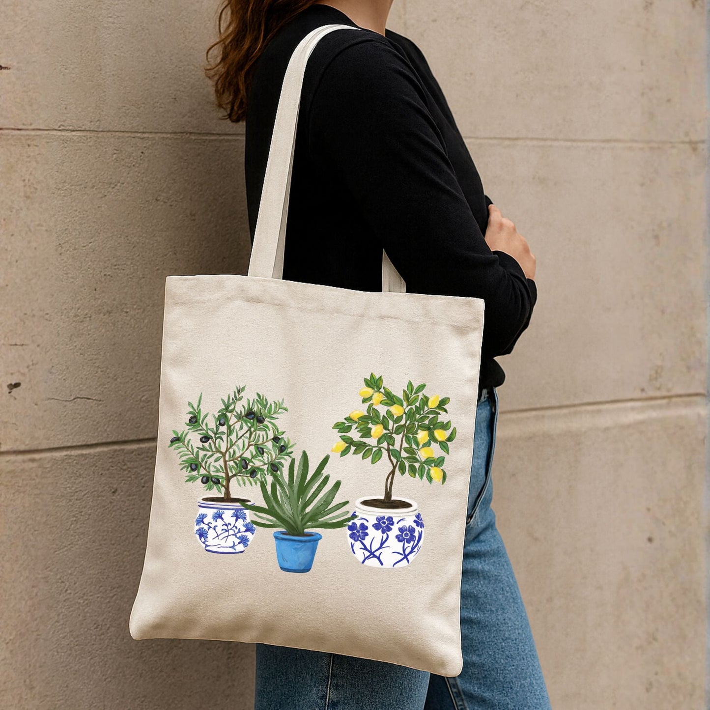 Canvas Tote Bag with Potted Plant Artwork - MerikaArt