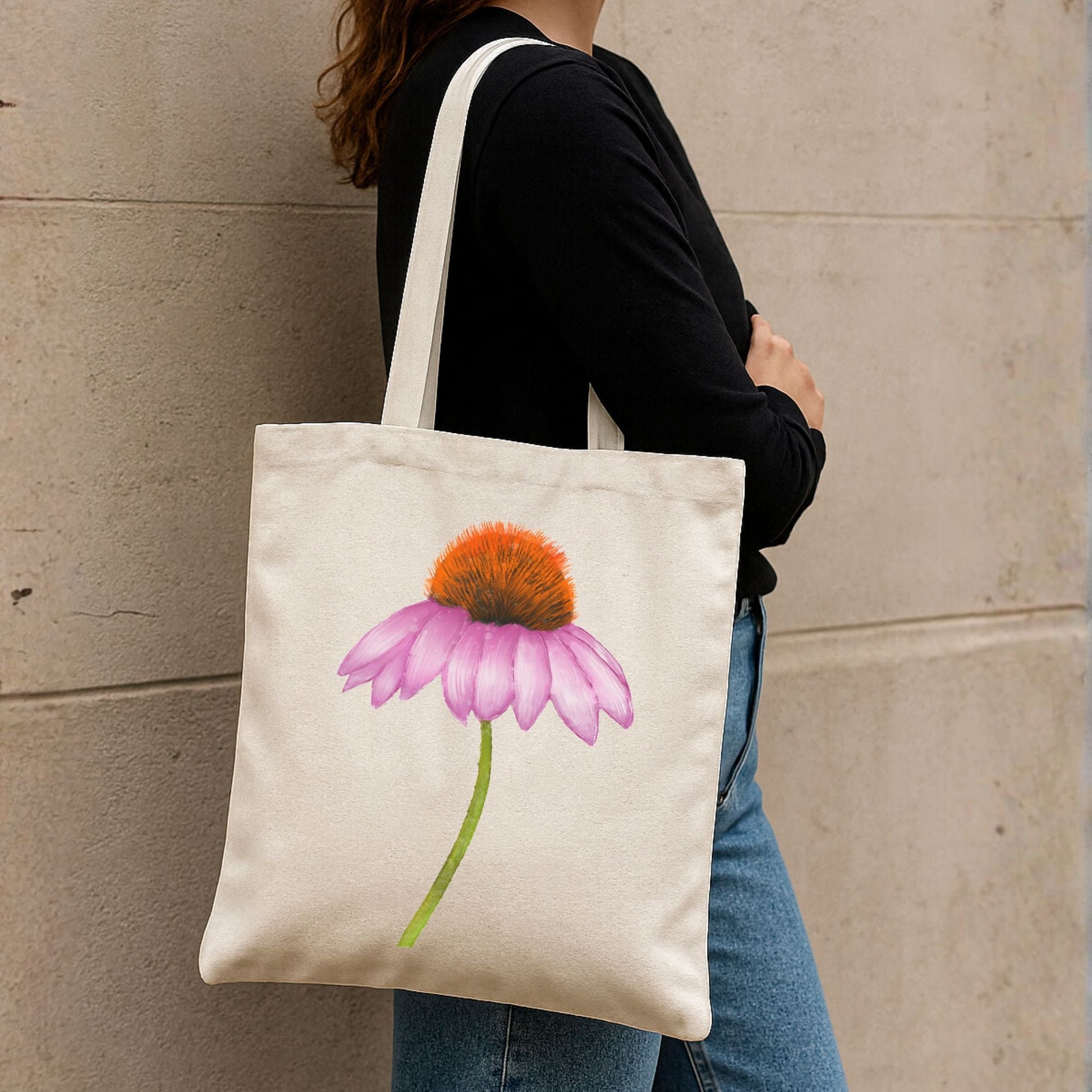 Canvas Tote Bag with Purple Coneflower Artwork - MerikaArt
