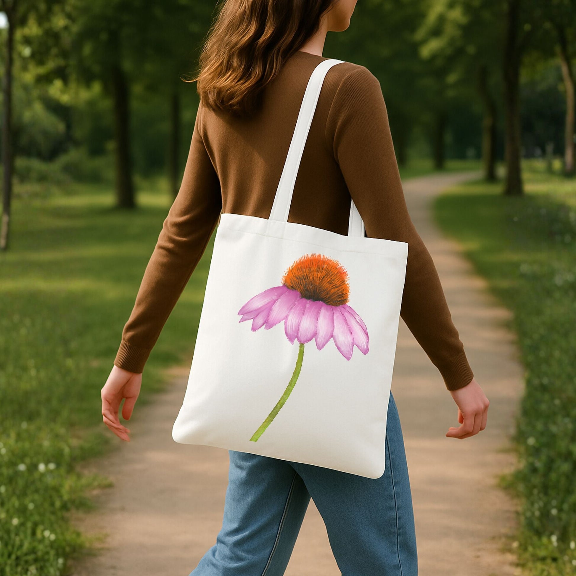Canvas Tote Bag with Purple Coneflower Artwork - MerikaArt