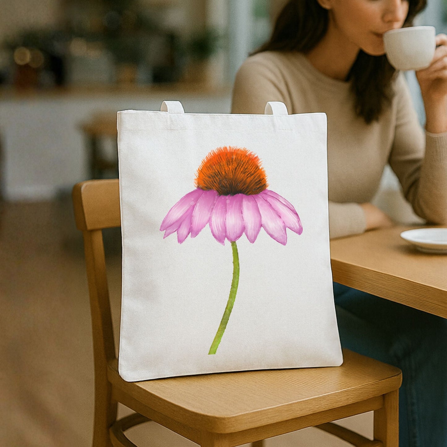Canvas Tote Bag with Purple Coneflower Artwork - MerikaArt