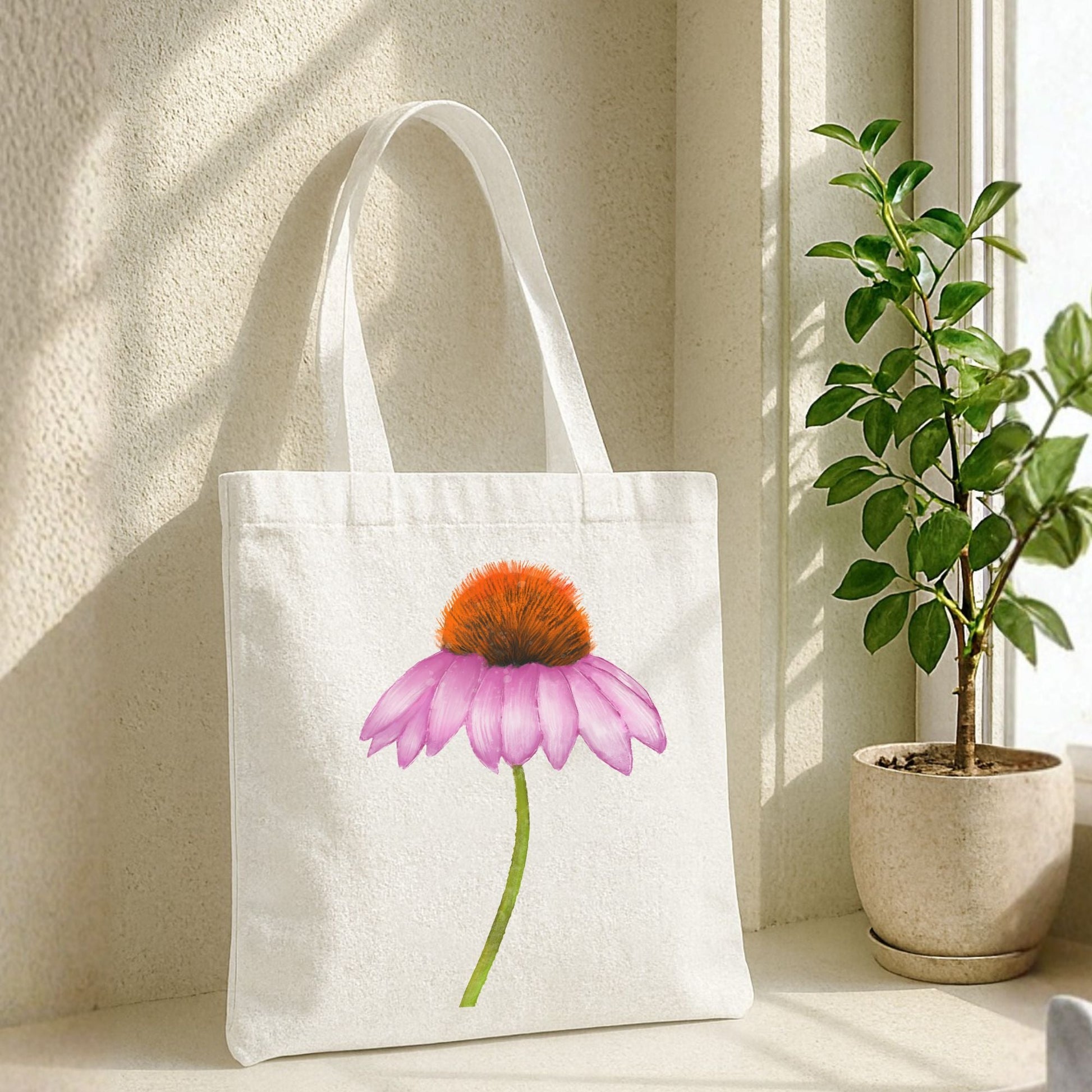 Canvas Tote Bag with Purple Coneflower Artwork - MerikaArt