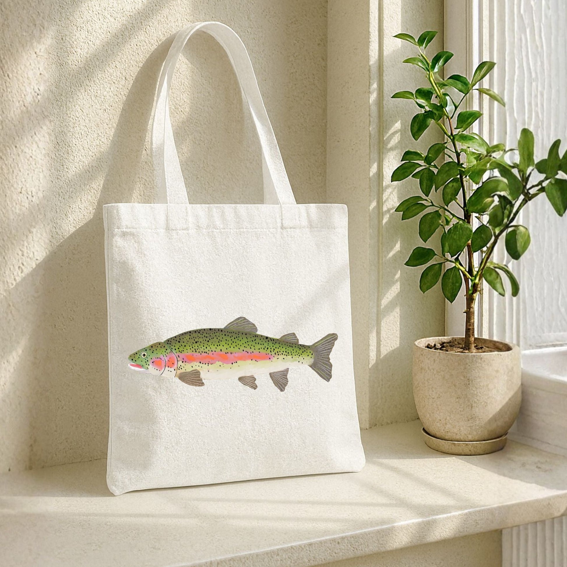 Canvas Tote Bag with Rainbow Trout Illustration - MerikaArt