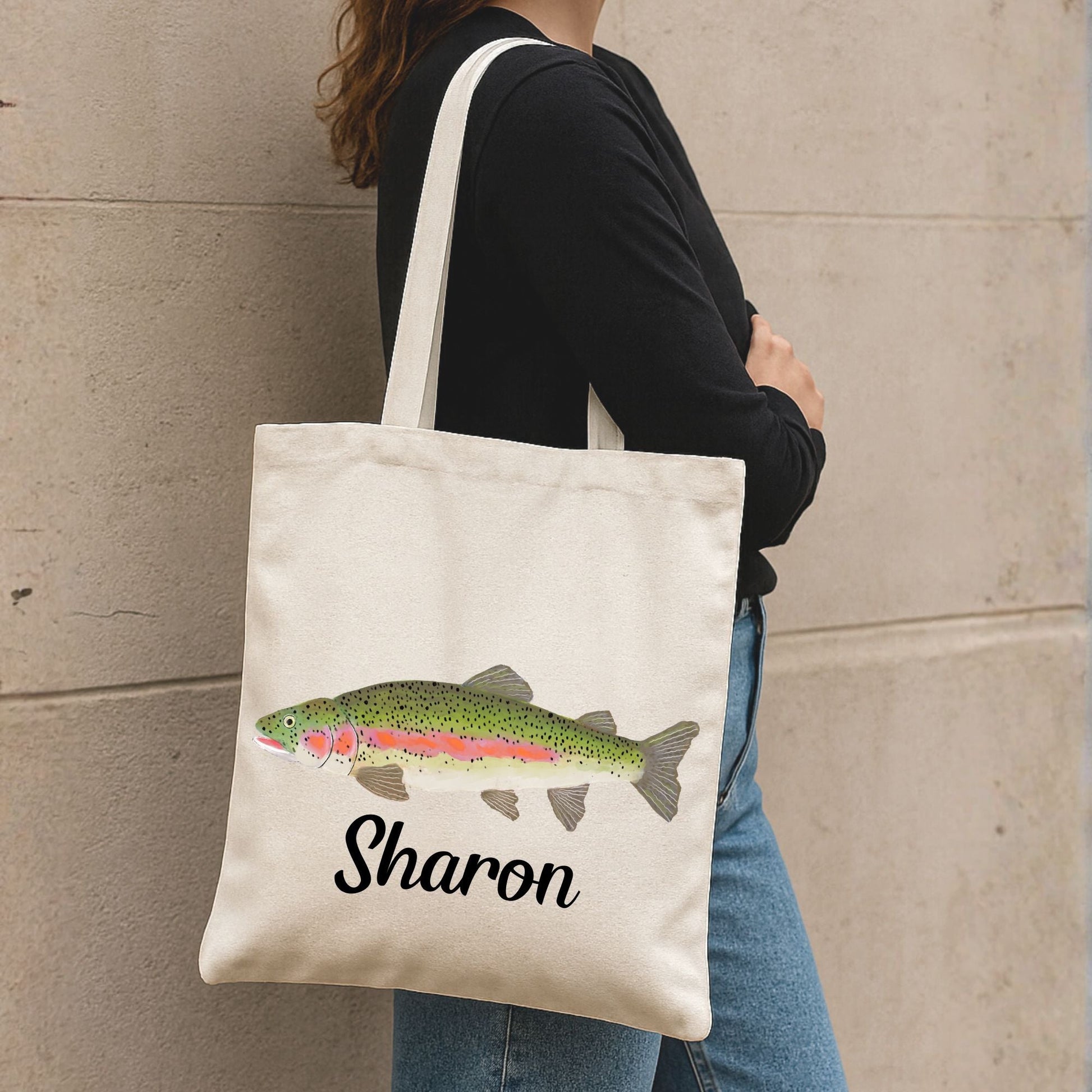 Canvas Tote Bag with Rainbow Trout Illustration - MerikaArt