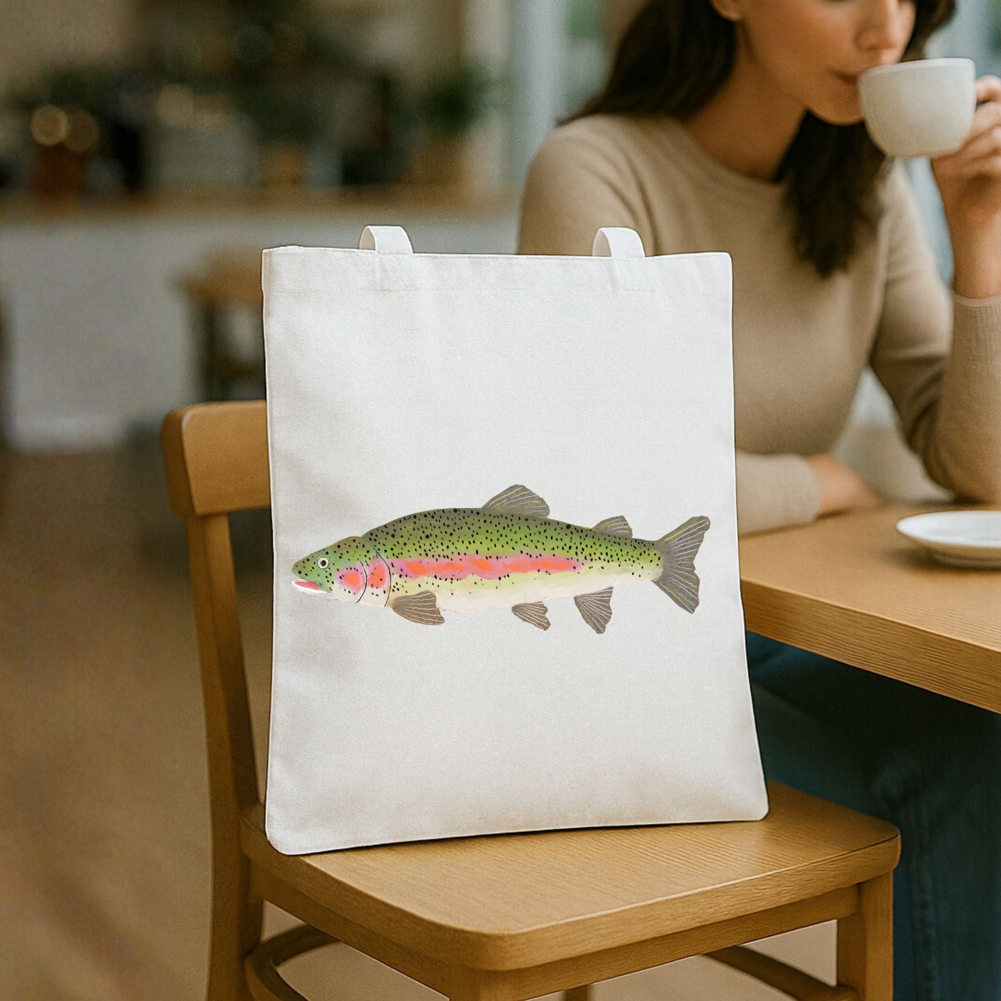 Canvas Tote Bag with Rainbow Trout Illustration - MerikaArt