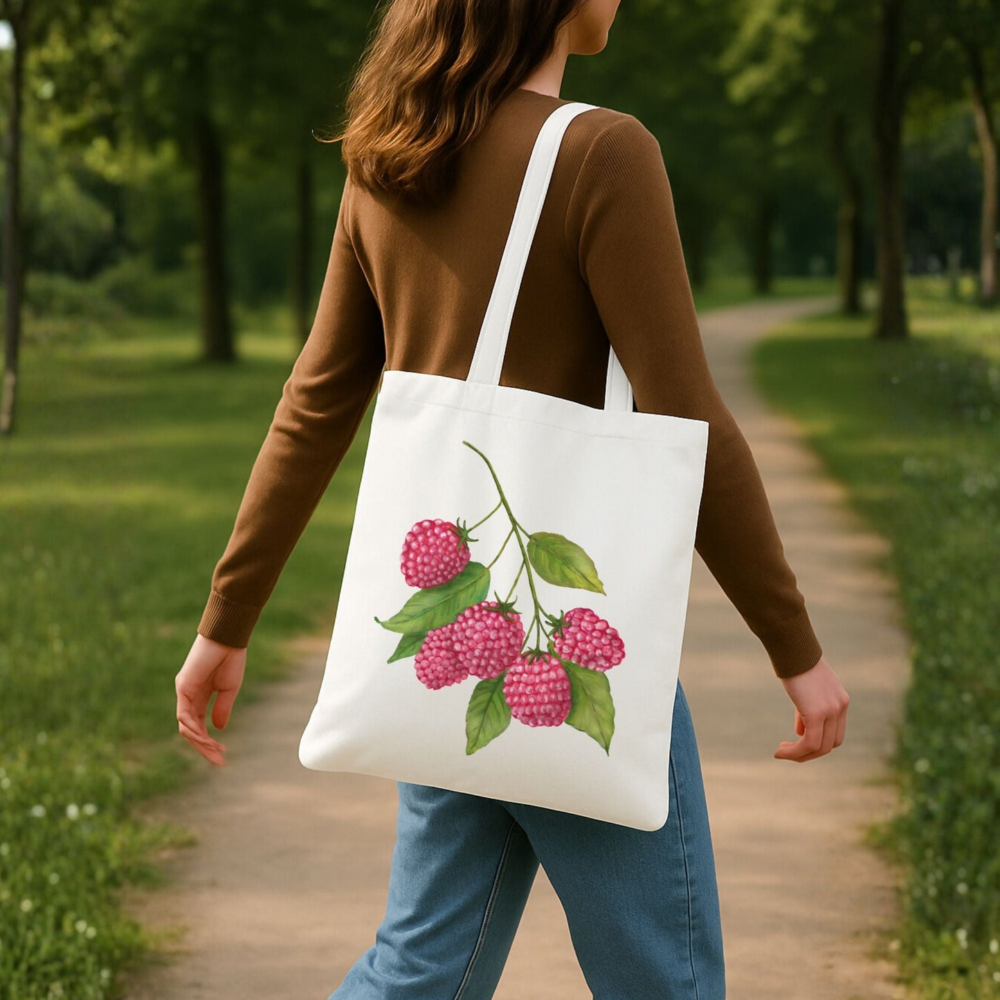 Canvas Tote Bag with Raspberry Artwork - MerikaArt