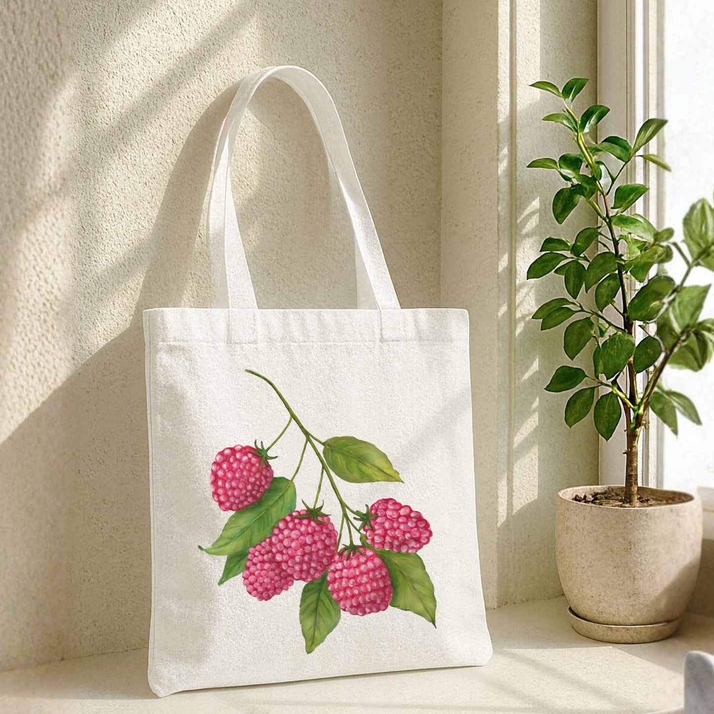 Canvas Tote Bag with Raspberry Artwork - MerikaArt
