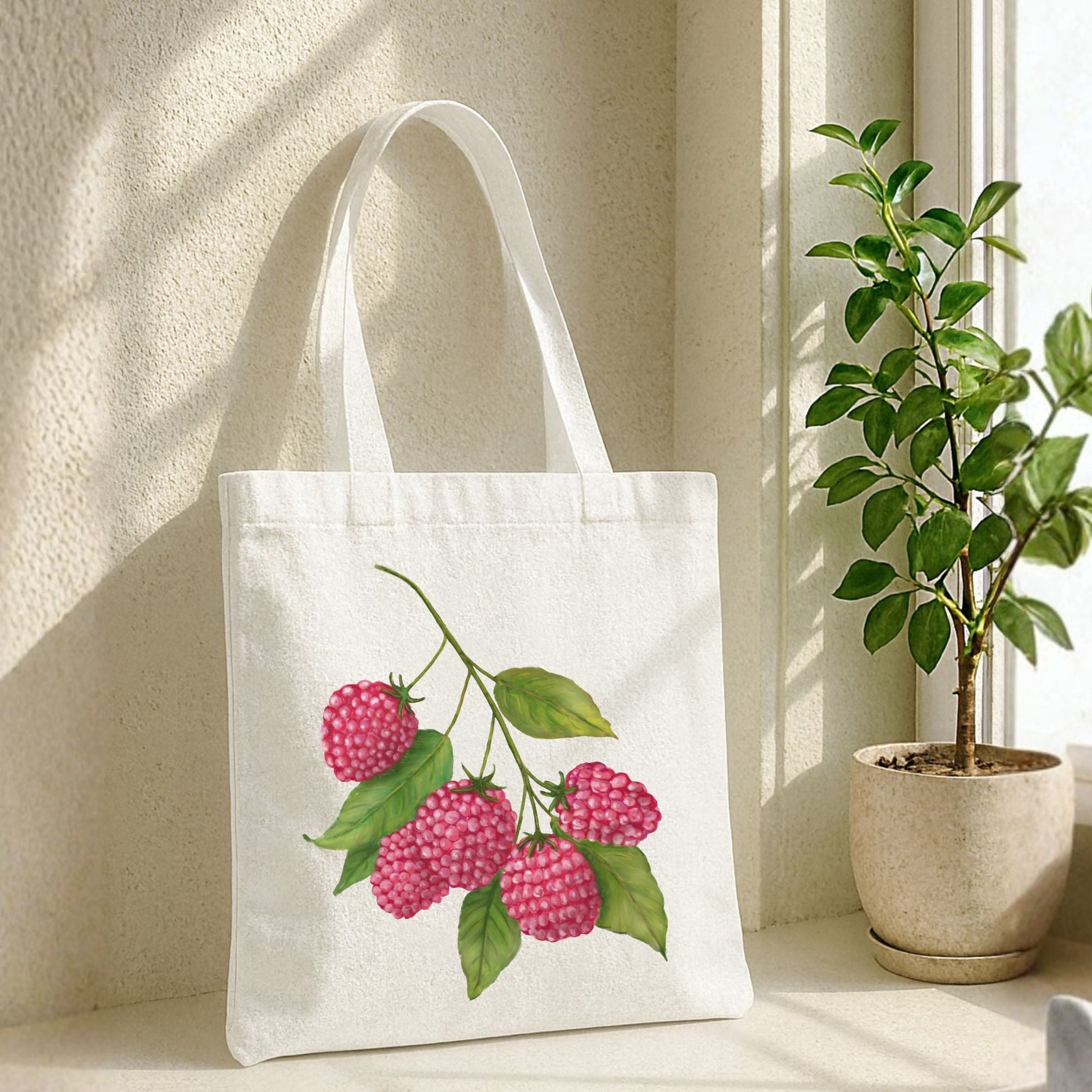Canvas Tote Bag with Raspberry Artwork - MerikaArt