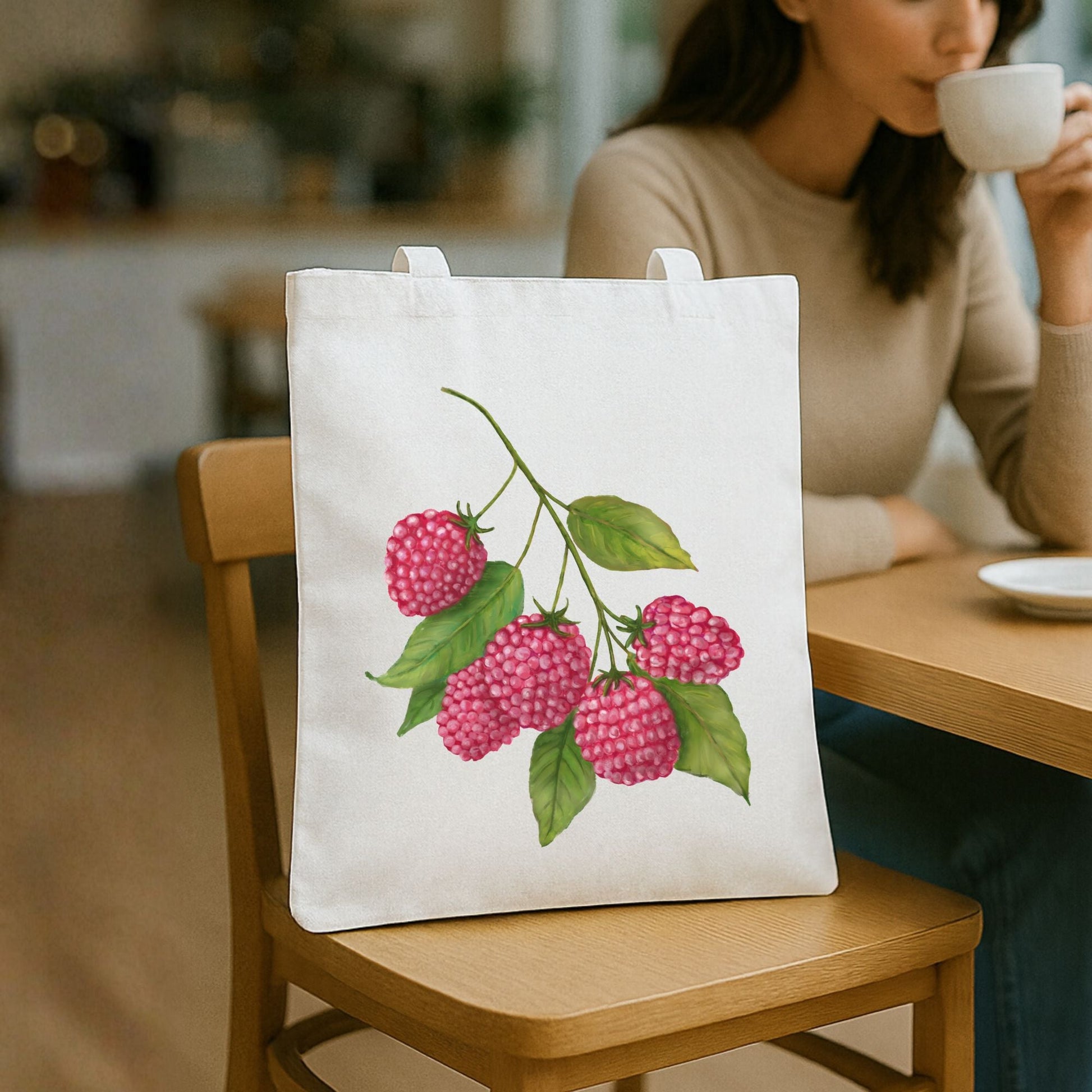 Canvas Tote Bag with Raspberry Artwork - MerikaArt