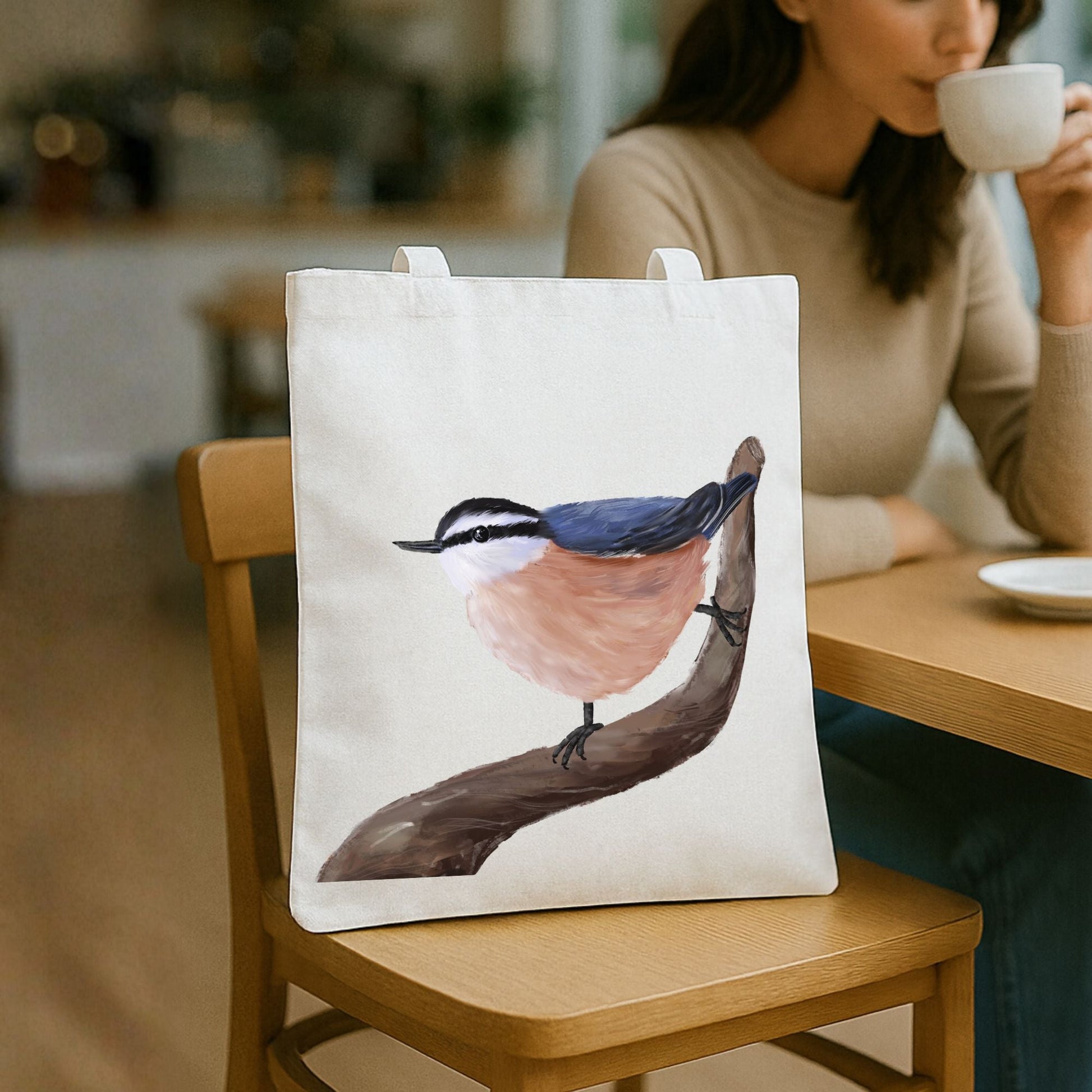 Canvas Tote Bag with Red - Breasted Nuthatch Artwork - MerikaArt