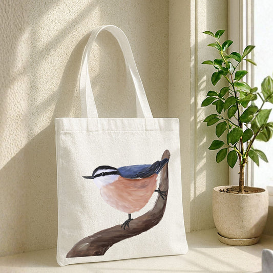 Canvas Tote Bag with Red - Breasted Nuthatch Artwork - MerikaArt
