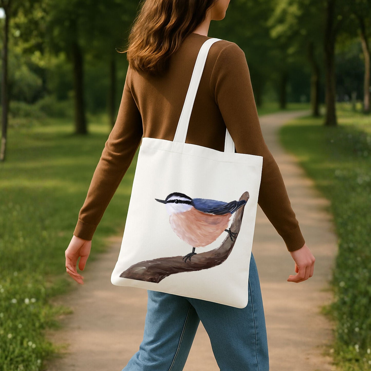 Canvas Tote Bag with Red - Breasted Nuthatch Artwork - MerikaArt