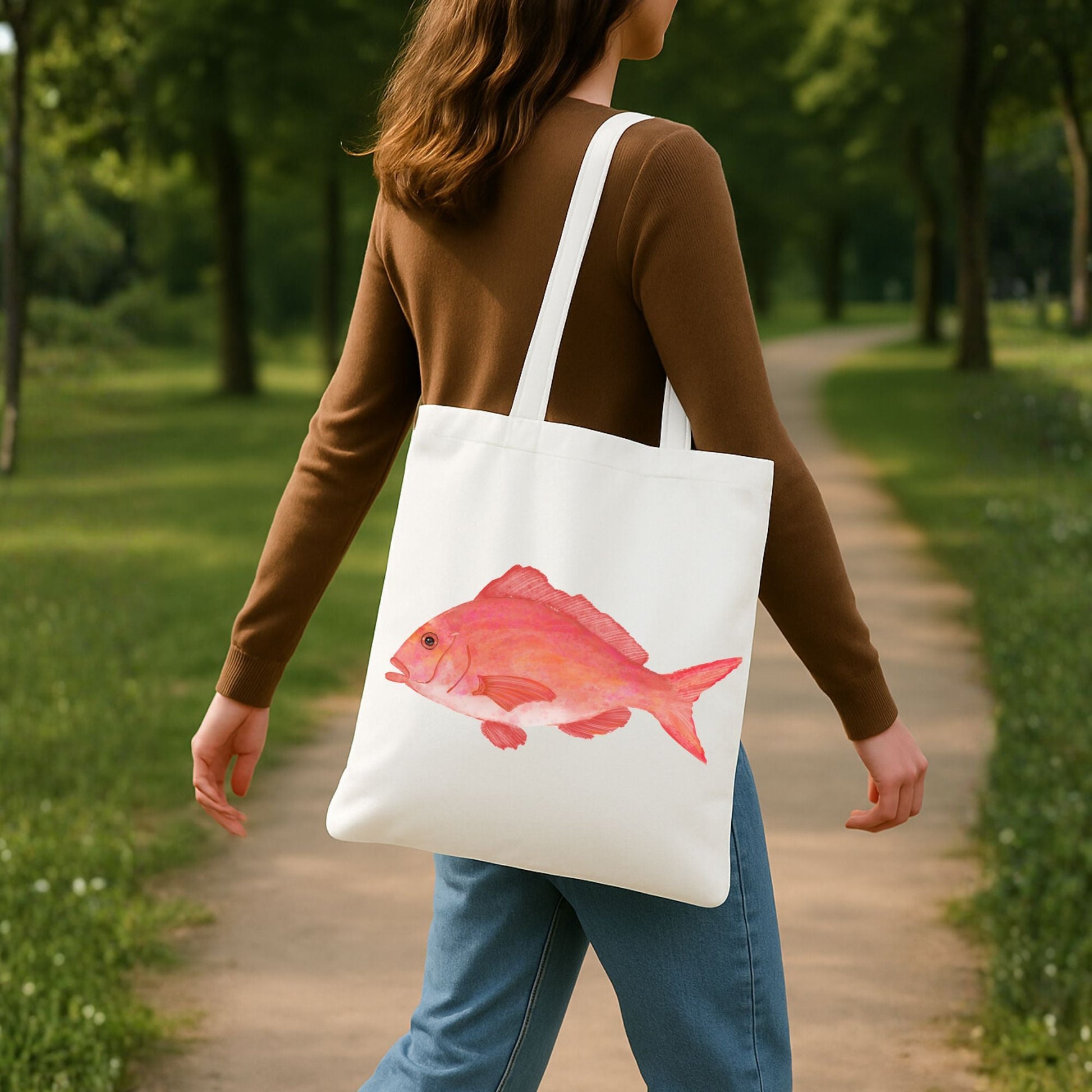 Canvas Tote Bag with Red Snapper Illustration - MerikaArt