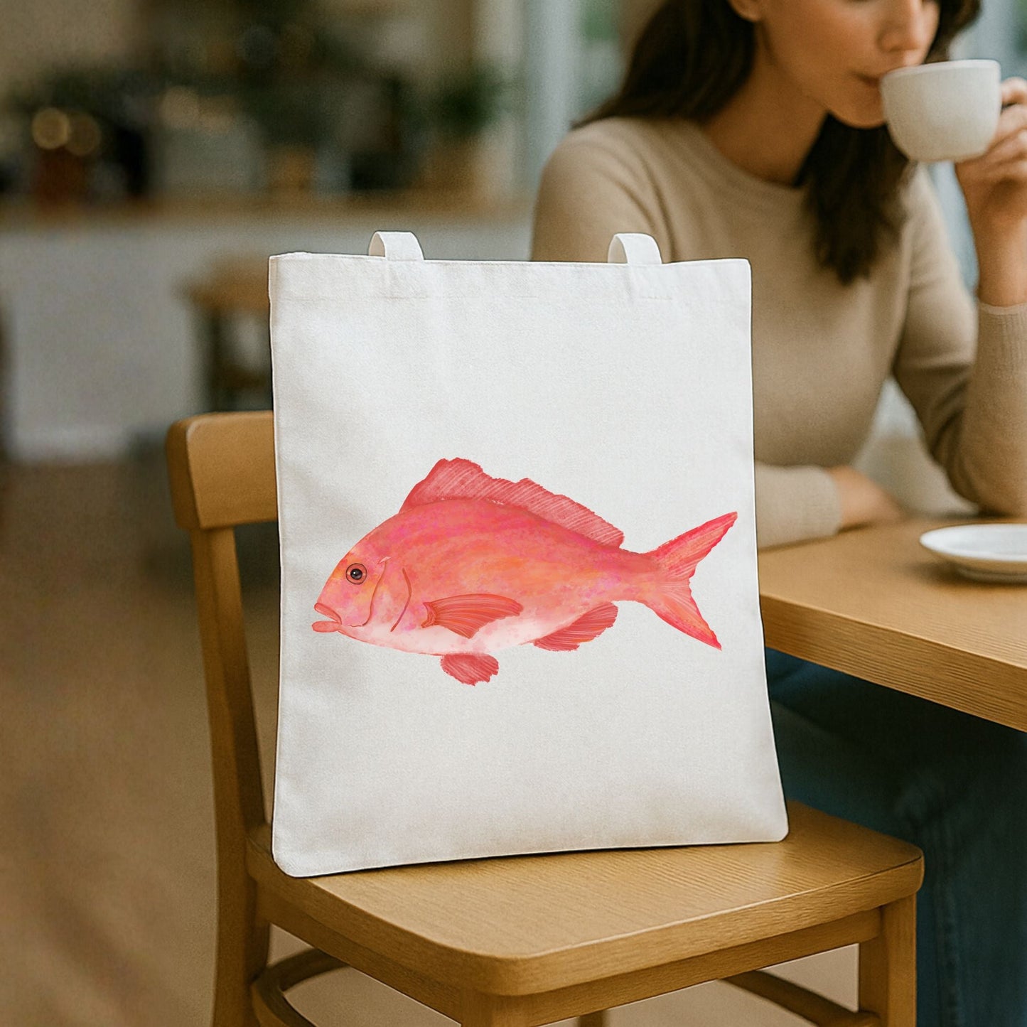 Canvas Tote Bag with Red Snapper Illustration - MerikaArt