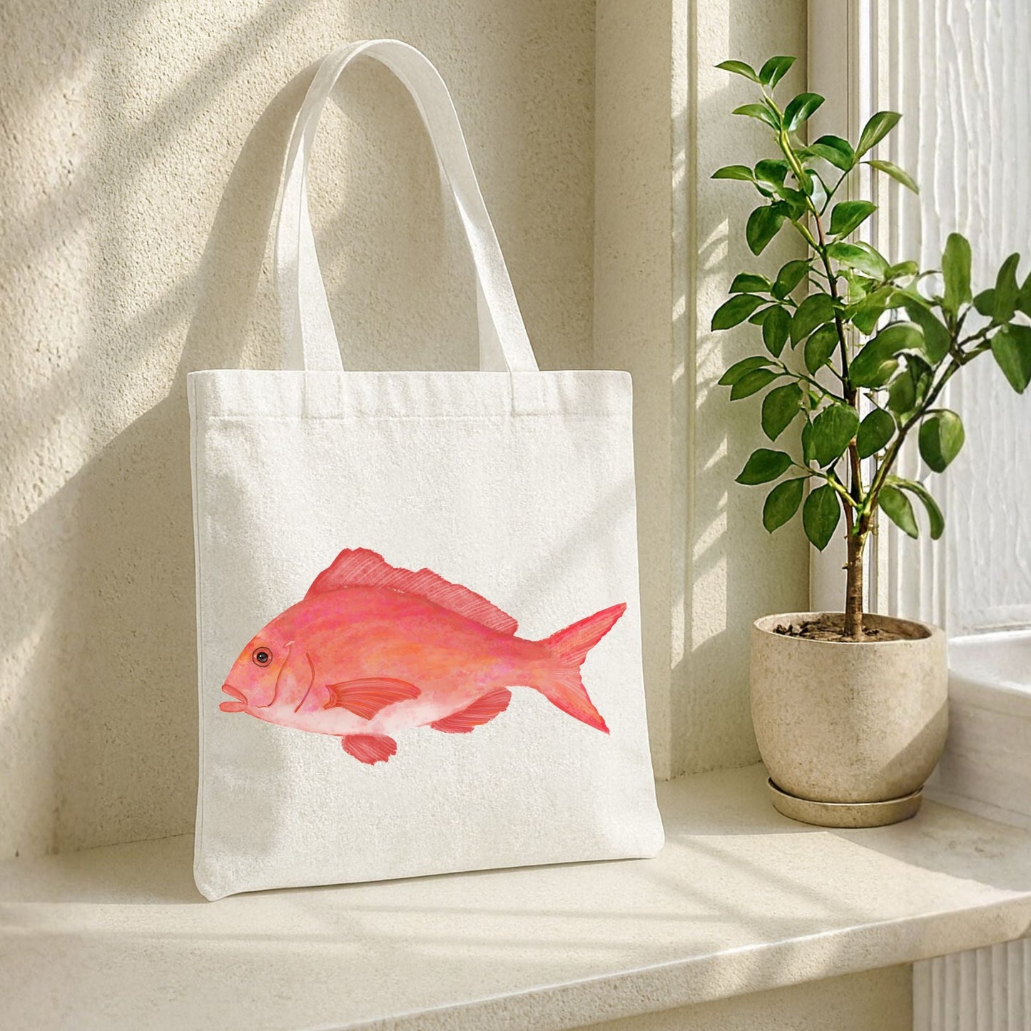 Canvas Tote Bag with Red Snapper Illustration - MerikaArt