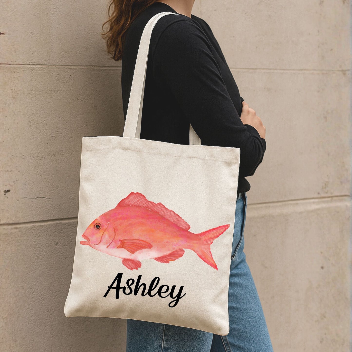 Canvas Tote Bag with Red Snapper Illustration - MerikaArt
