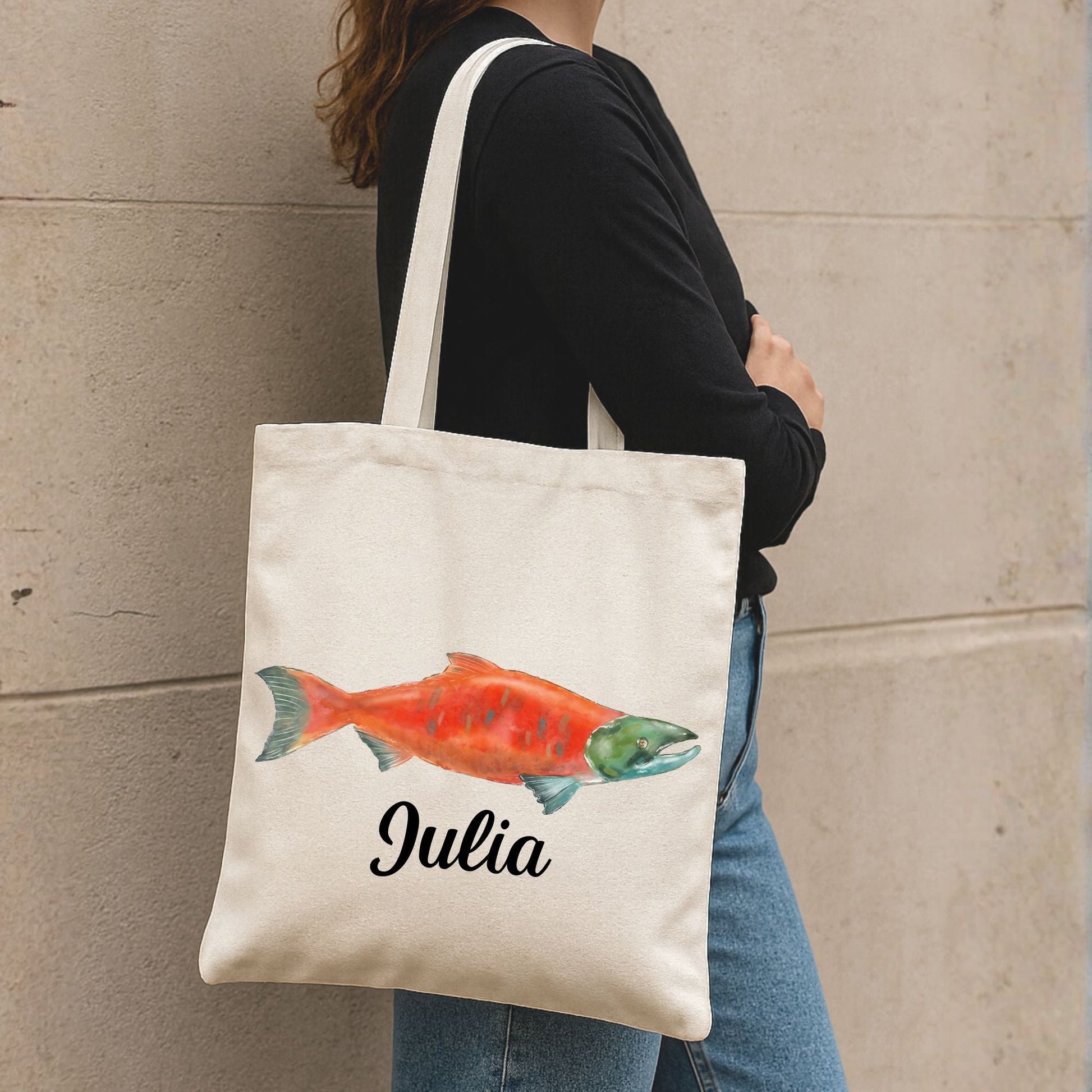 Canvas Tote Bag with Salmon Illustration - MerikaArt