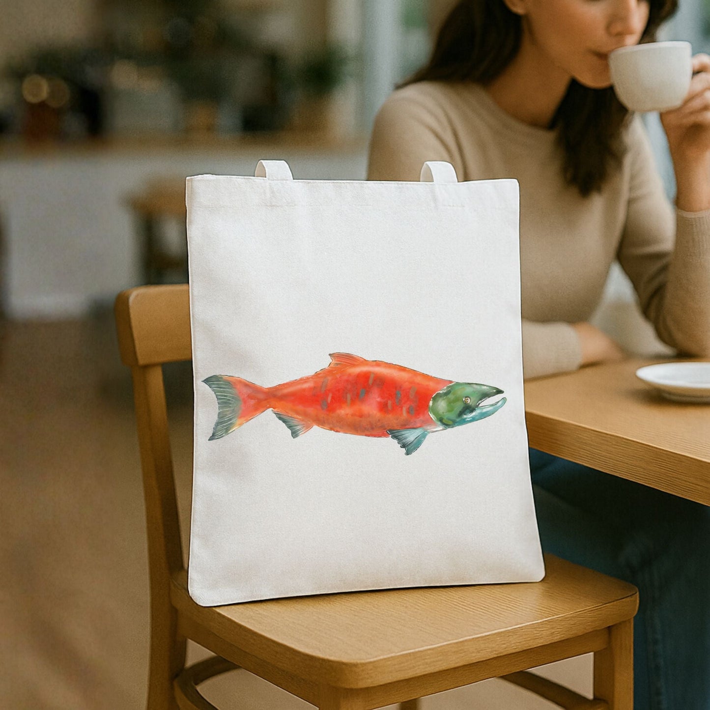 Canvas Tote Bag with Salmon Illustration - MerikaArt