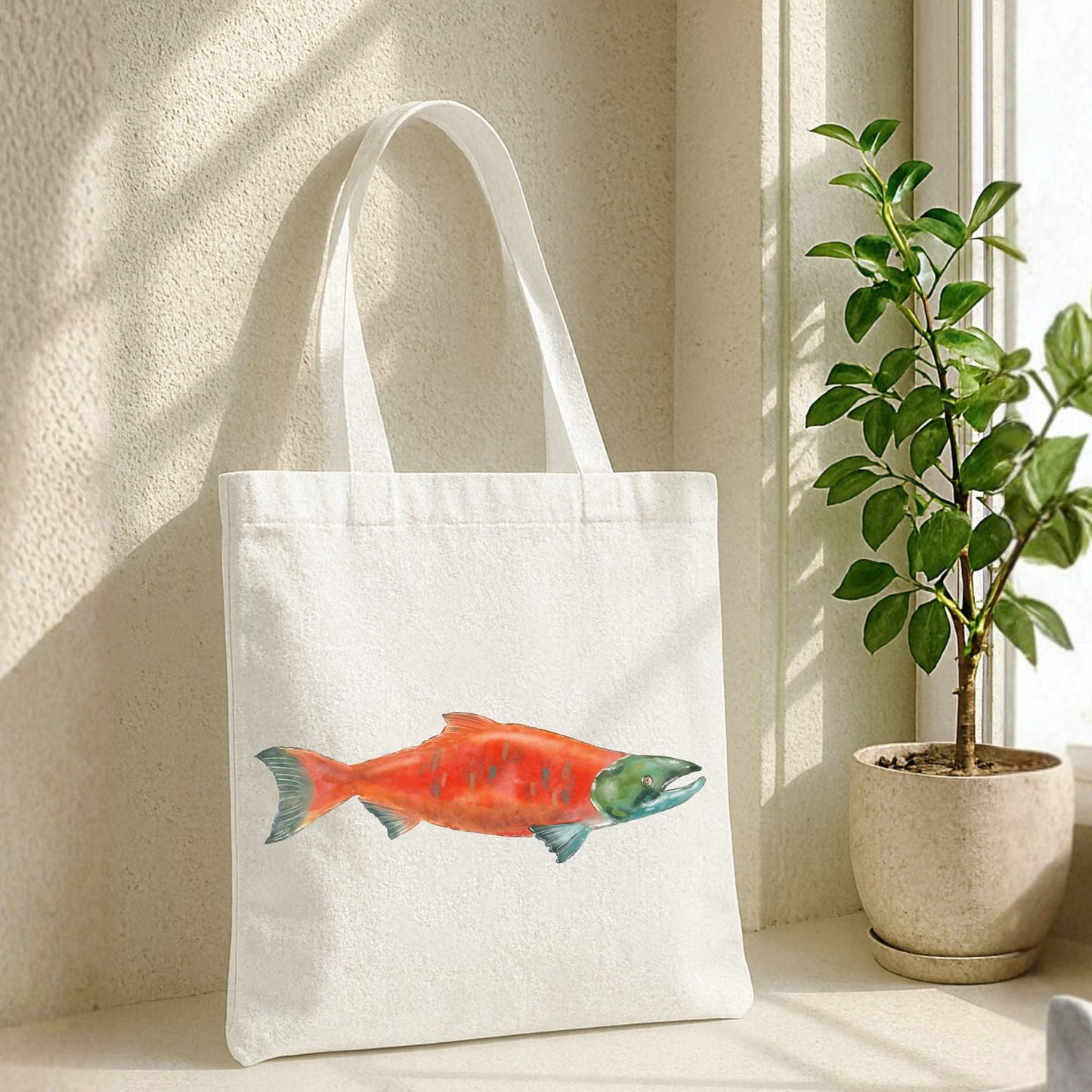 Canvas Tote Bag with Salmon Illustration - MerikaArt