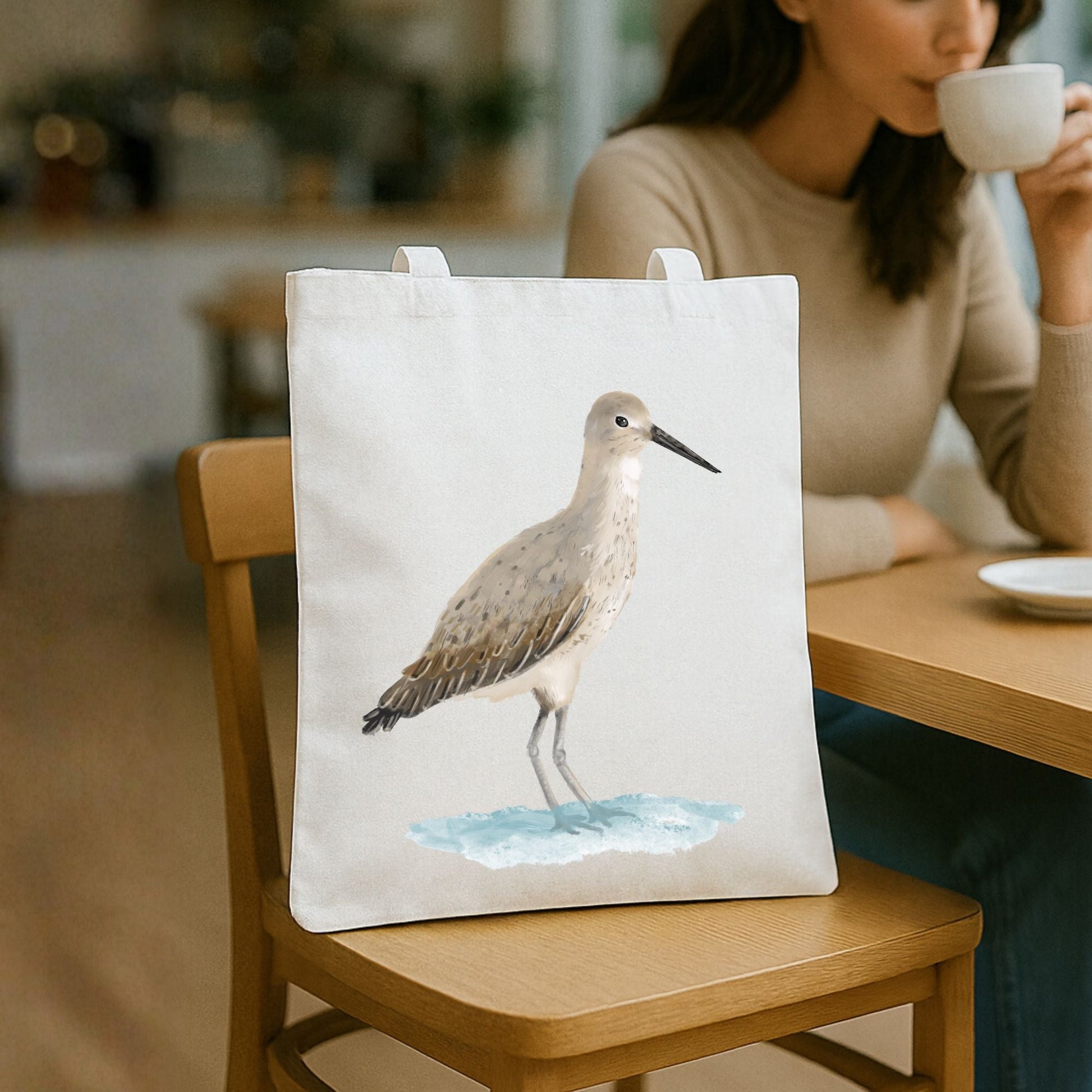 Canvas Tote Bag with Sandpiper Bird Artwork - MerikaArt