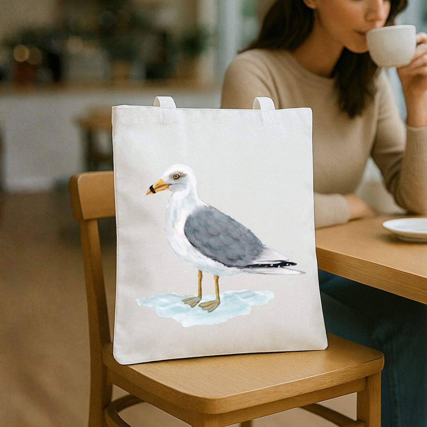 Canvas Tote Bag with Seagull Artwork - MerikaArt