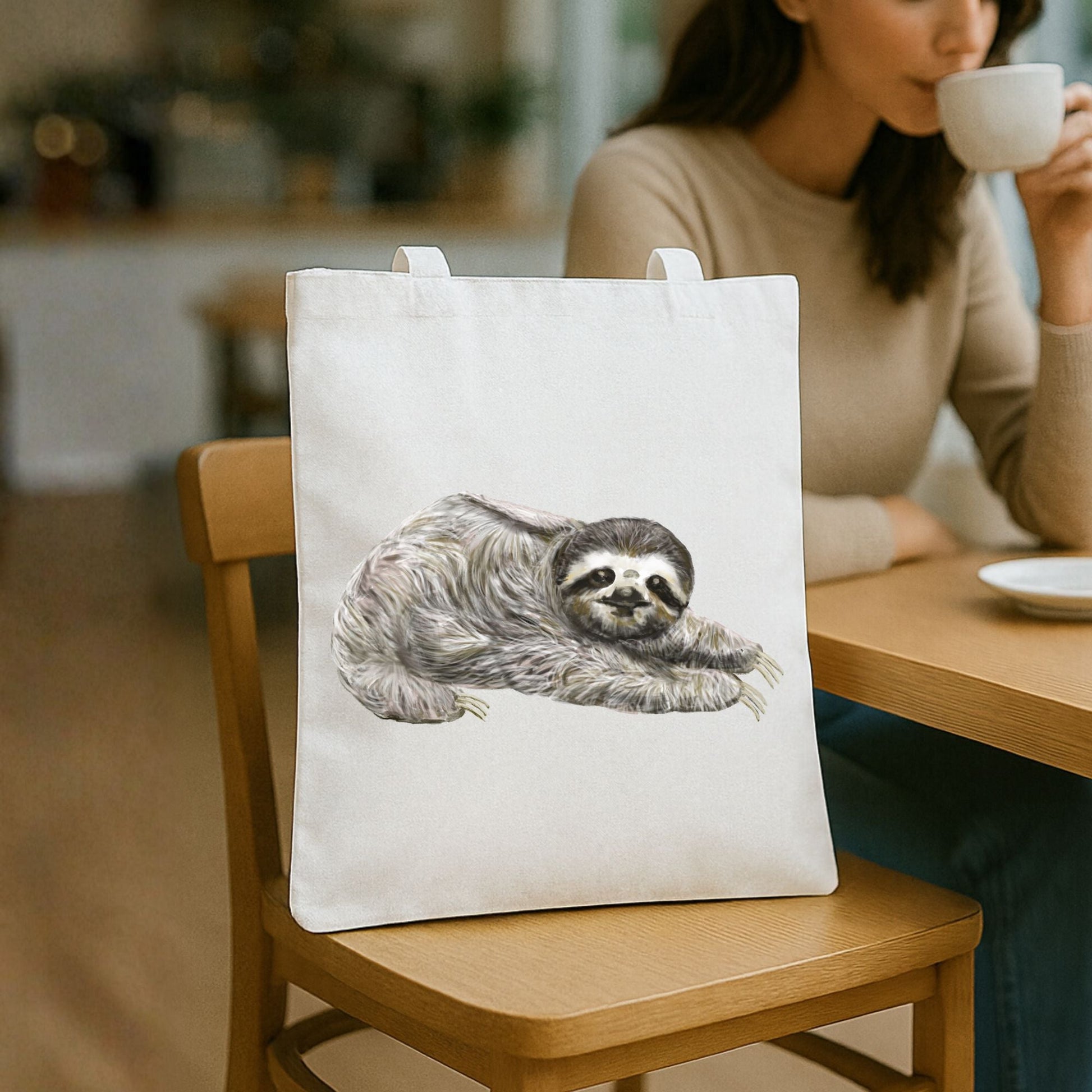 Canvas Tote Bag with Sleeping Sloth Illustration - MerikaArt