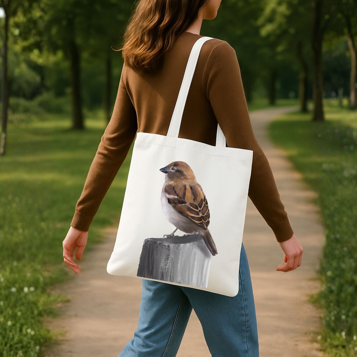 Canvas Tote Bag with Sparrow Illustration - MerikaArt