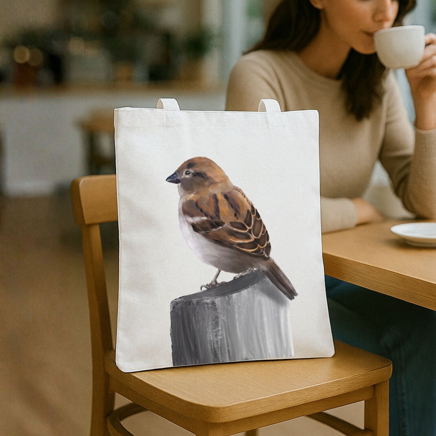 Canvas Tote Bag with Sparrow Illustration - MerikaArt