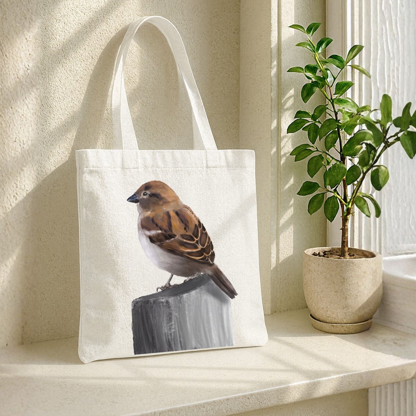Canvas Tote Bag with Sparrow Illustration - MerikaArt